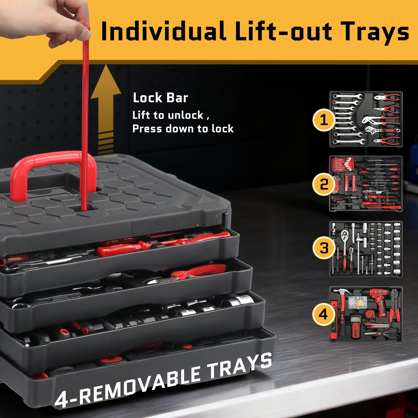 UBesGoo 1000-Piece Household Repair Hand Tool Kit with Rolling Trolley Case (Red, 1000 Pieces) iycjy