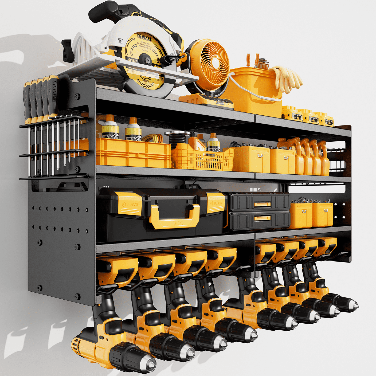 ZRSDIXKI Power Tool Organizer Wall Mount 4-Tier Heavy Duty Drill Holder with Side Pegboards (33 in x 7.9 in x 15.7 in) h79ih