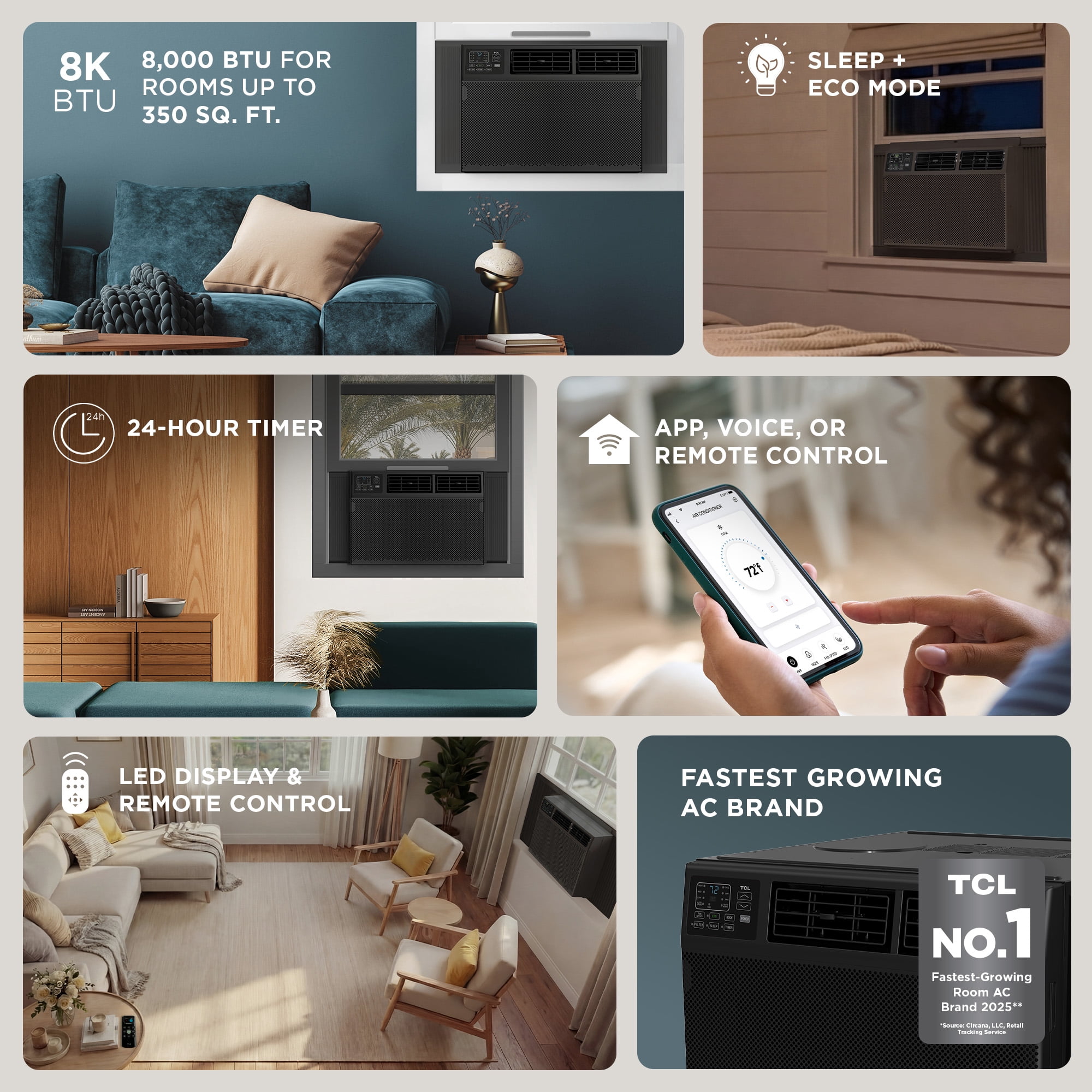 TCL 8,000 BTU Smart Window Air Conditioner, 3-in-1 AC, Fan & Dehumidifier with App & Voice Control (Black, 250 Sq ft) sv9nk