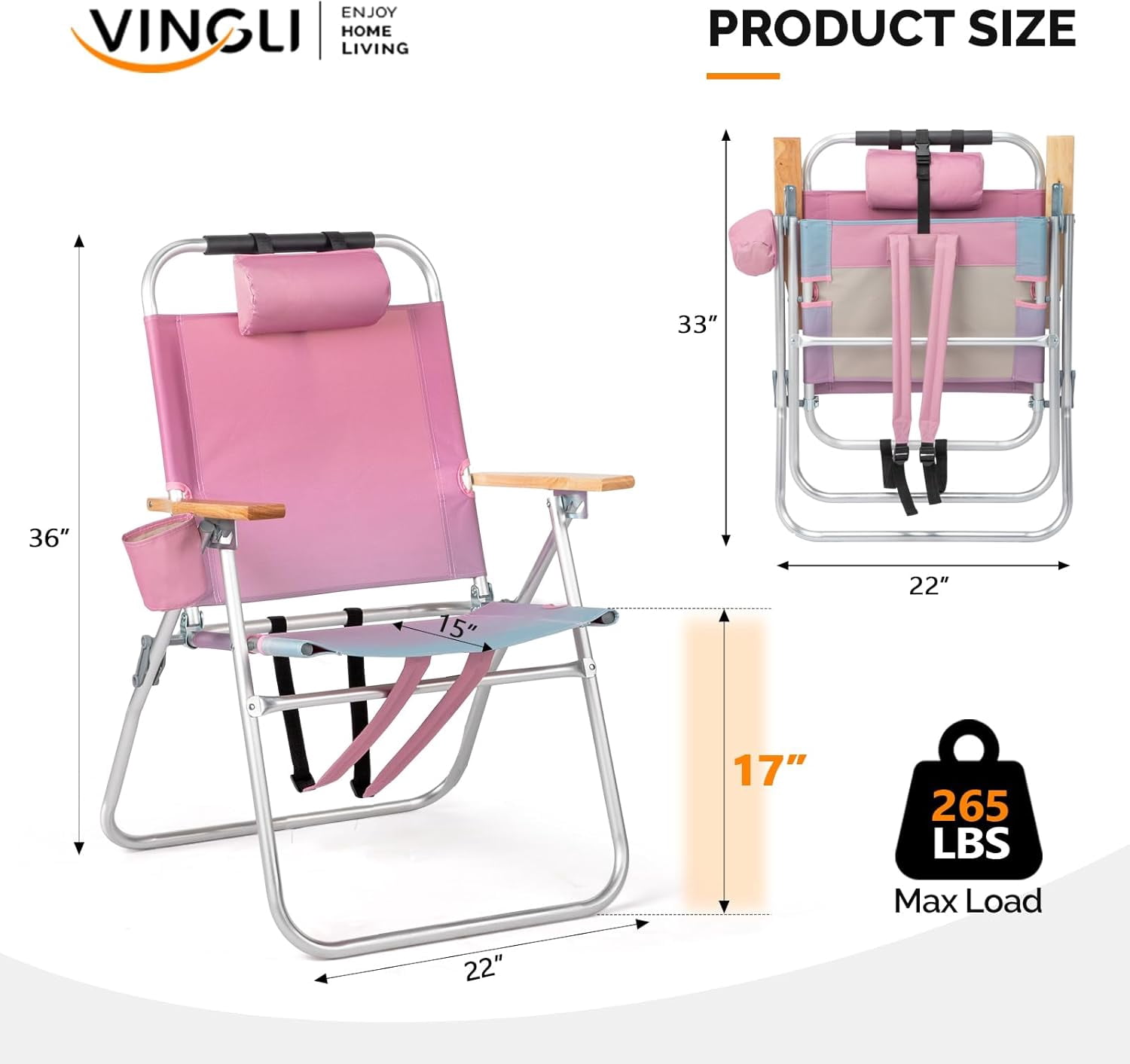 PEXMOR Portable Aluminum Beach Chair, 3-Position Reclining Backpack Chair with Cup Holder (Pink, 17 in Seat Height) ypuff