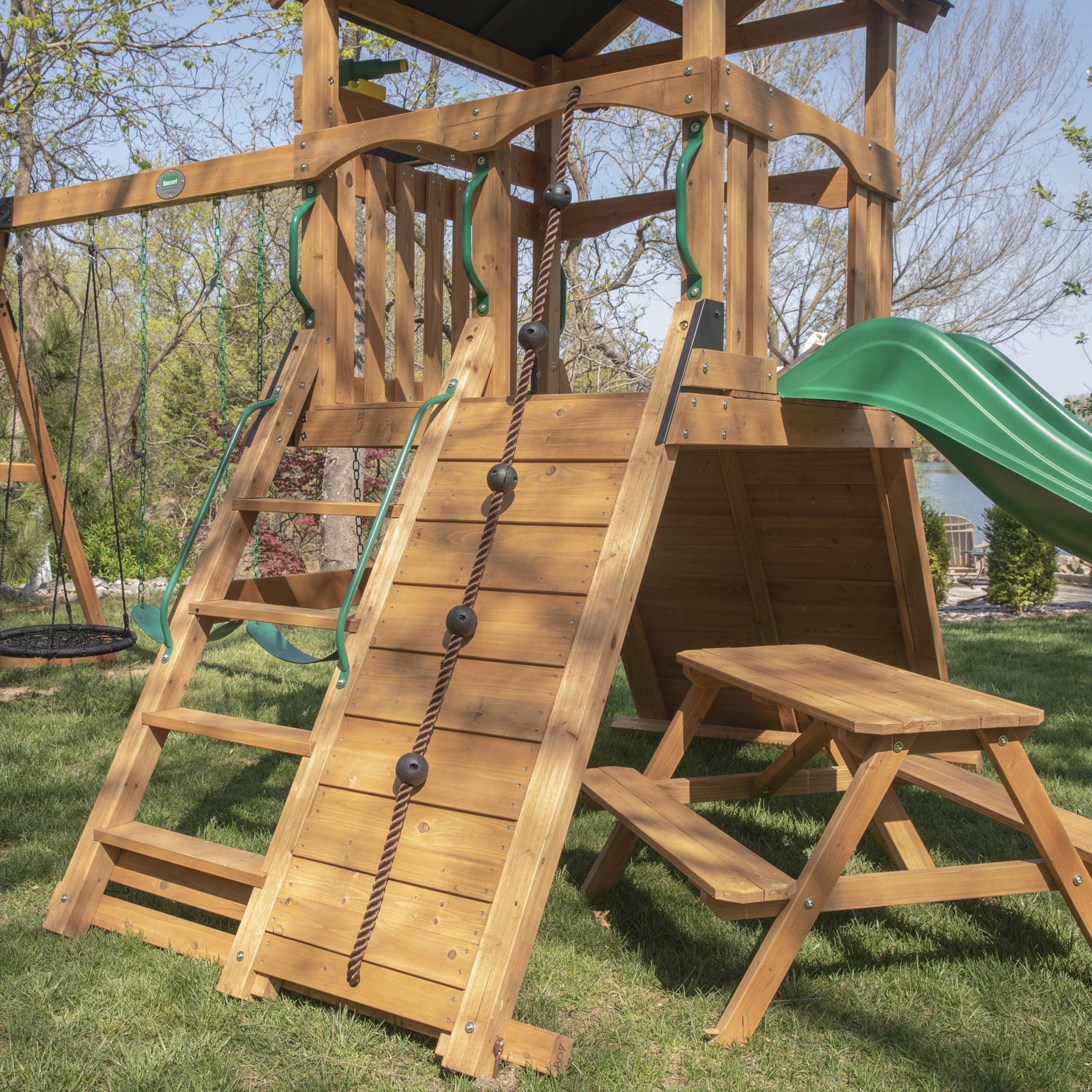 Backyard Discovery Endeavor II Cedar Wood Swing Set with Slide, Play Deck, and Double Rock Wall (Light Brown) cb9zs