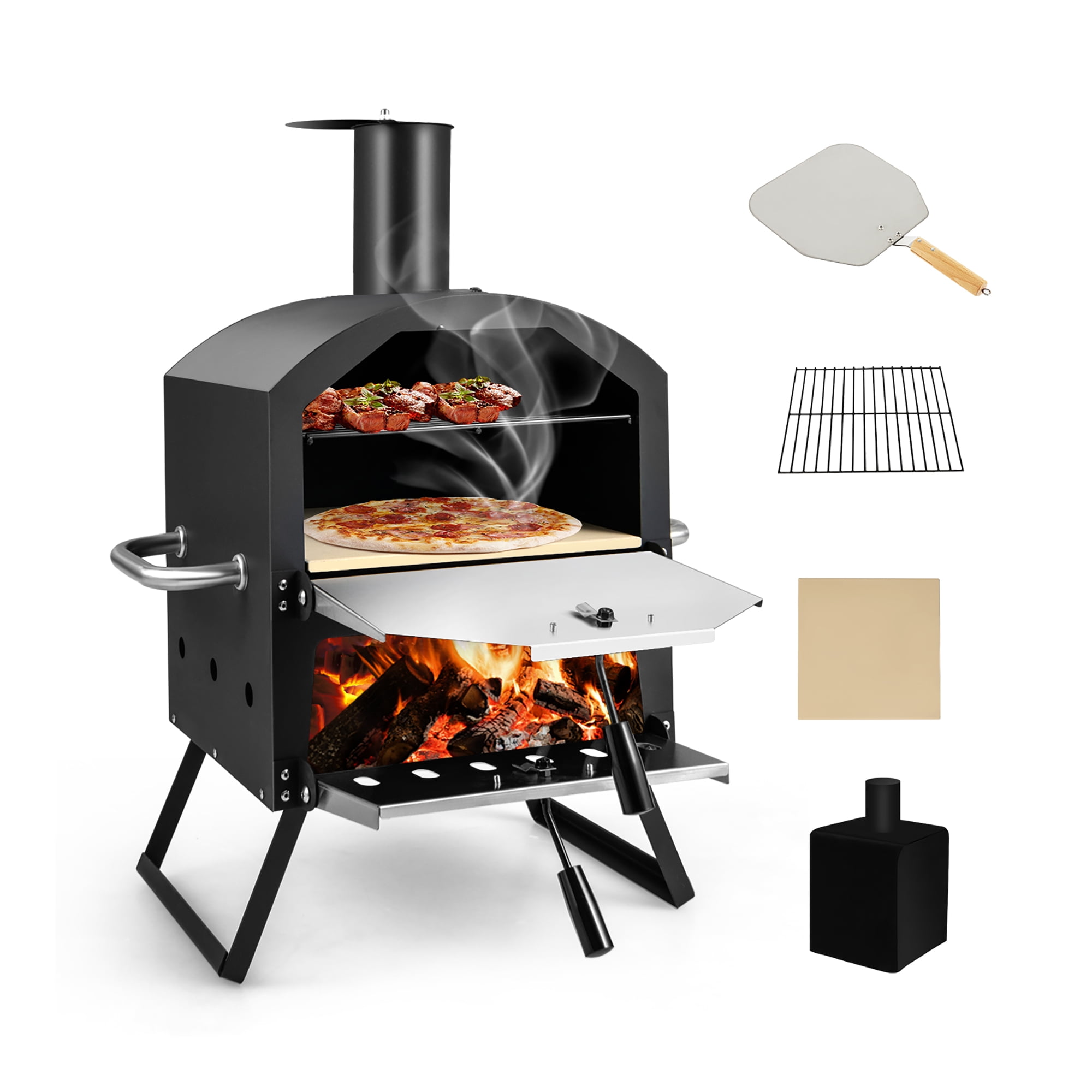 Costway 2-Layer Wood Fired Pizza Oven Outdoor Grill with Waterproof Cover (12 in x 12 in) m0tke