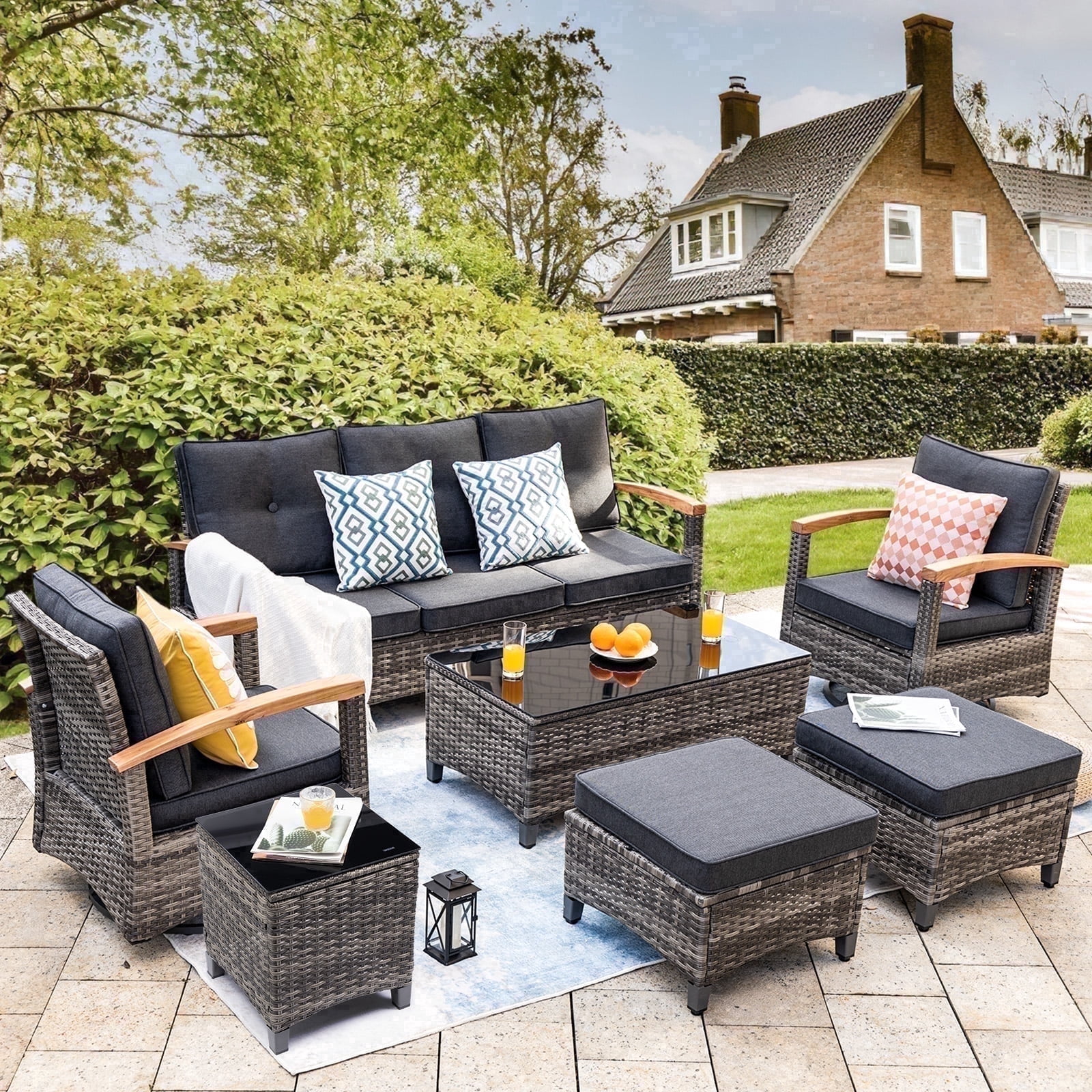 MEISSALIVVE 7-Piece Patio Furniture Set, Outdoor Rattan Conversation Set with Swivel Rocker Chairs and 3-Seat Sofa (Gray, 7-Piece Set) 6w9aq