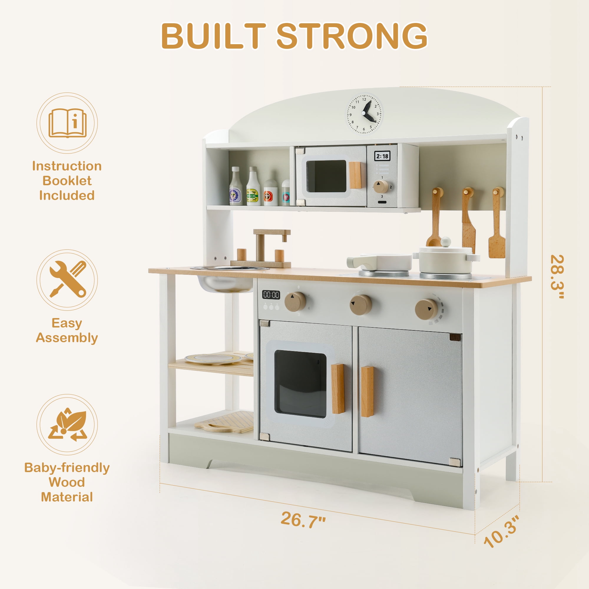 Bruce & Shark Kids Wooden Pretend Play Kitchen Set with Microwave, Sink, and Cookware Accessories (White, 28.35 x 26.77 x 10.24 in) zopix