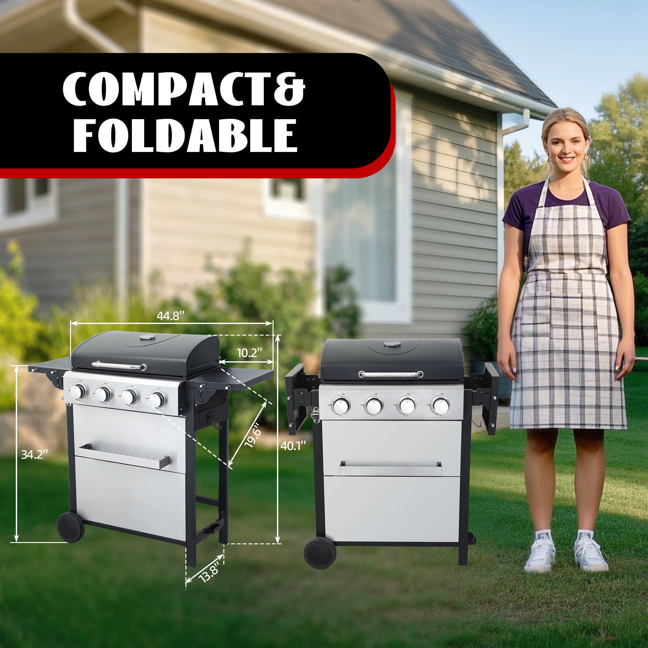 Nice Coker 4-Burner Propane Gas Grill, Outdoor BBQ Station with Stainless Steel Control Panel and Temperature Gauge (34,200 BTU) axy6y