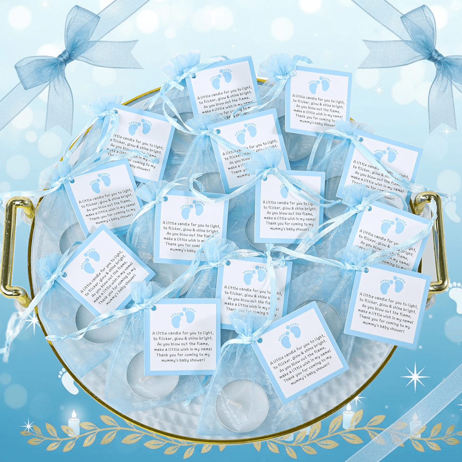 NIANAN Tea Light Candles Party Favor Set with Blessing Cards and Organza Bags (Blue, 50 Pack) vdun4