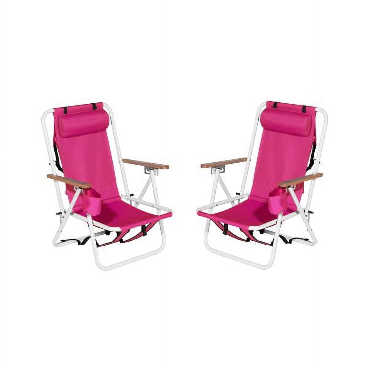 Geemuslly Folding Beach Chair (Pink, 26 in x 23 in x 2.7 in) 4-Position Reclining Portable Camping Lounge Chair with Headrest and Cup Holder c5273