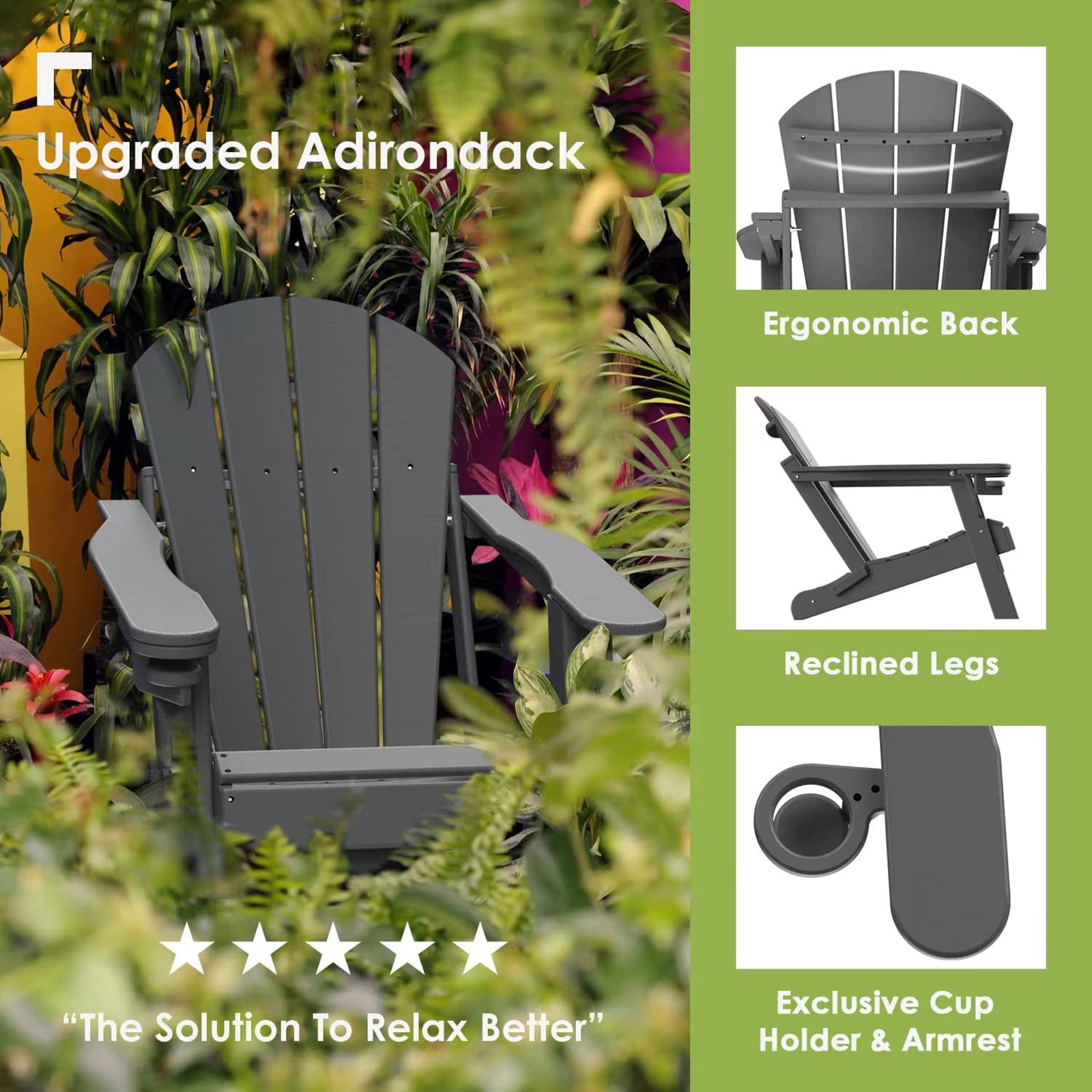 Tappio Foldable HDPE Adirondack Chair, All-Weather Outdoor Patio Seat with Cup Holder (Gray, 380 lb Capacity) ee82i