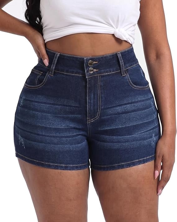 Gocolloa Plus Size High Waisted Denim Shorts for Women Stretchy Leg-Shaping Jean Shorts (Dark Blue, 16W) j35d9