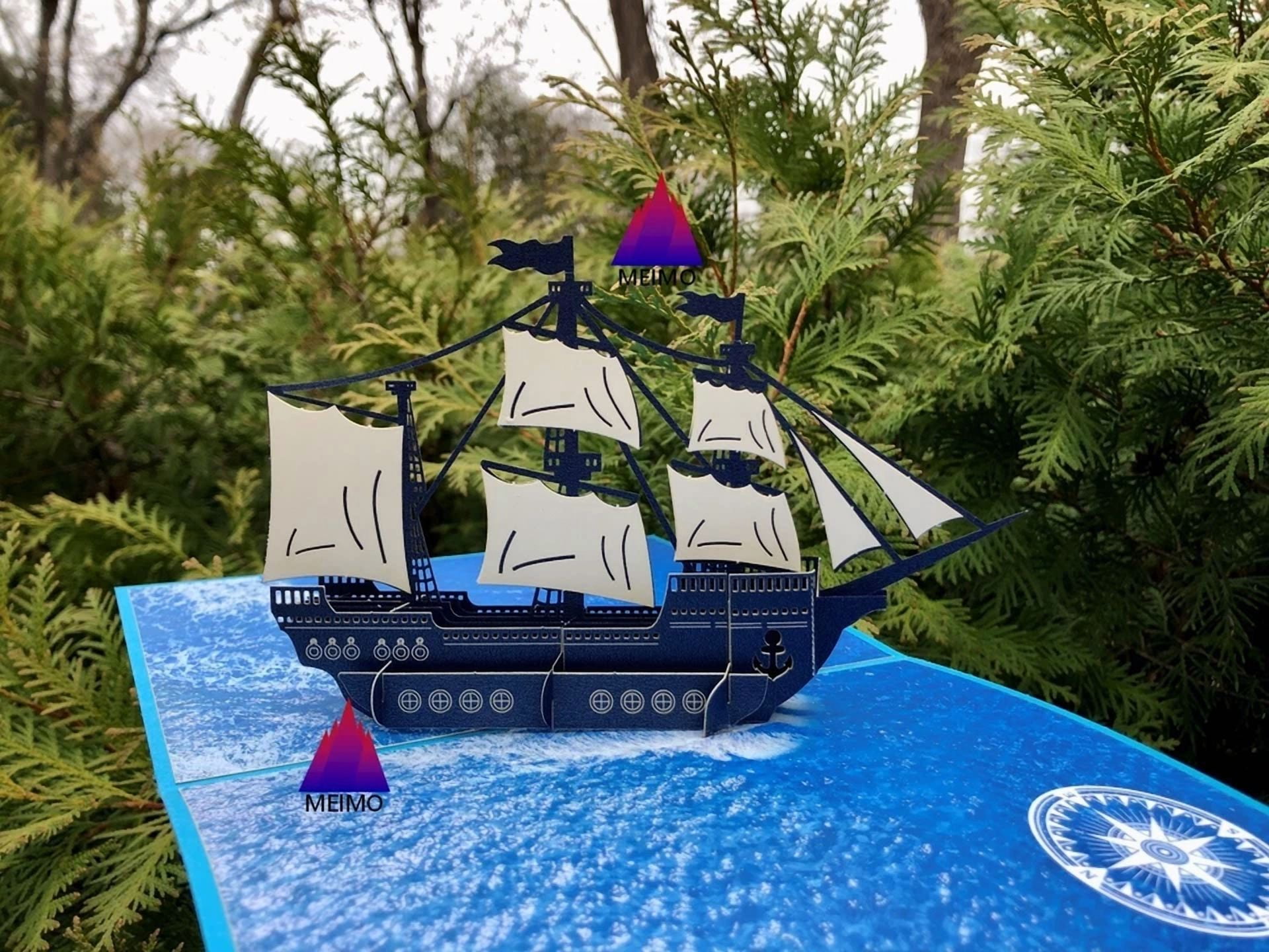 VAULT 3D Pop Up Greeting Card Sailing Ship Ocean Theme for Birthday Vacation Adventure (1 Count) 1qrxi