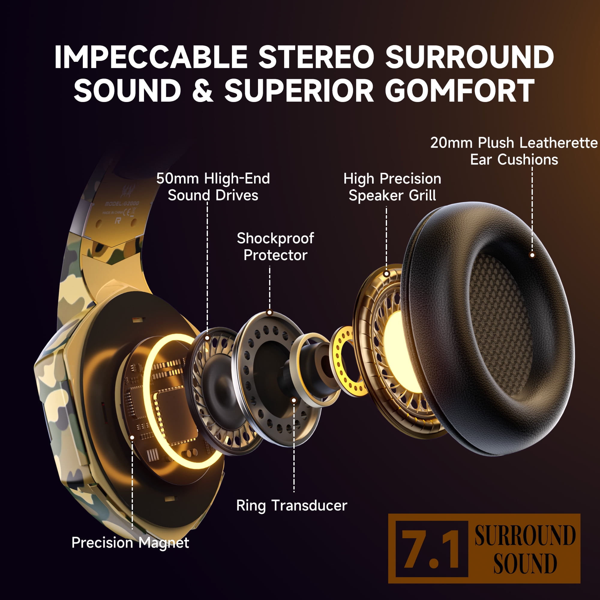 UHM Gaming Headset with Noise-Canceling Microphone and 7.1 Surround Sound (Yellow, 1 Unit) 51z48