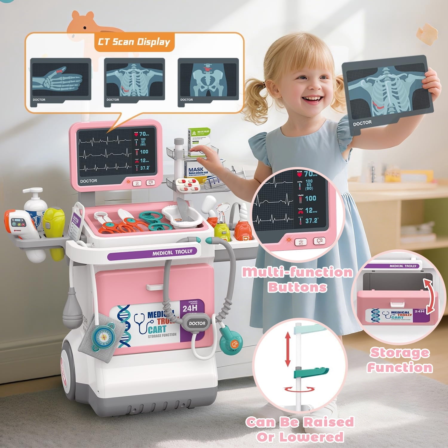 LINXUXIE Doctor Medical Play Set with Mobile Cart, Pretend Play Role Play Activity Center (Pink, 1 Set) huslj