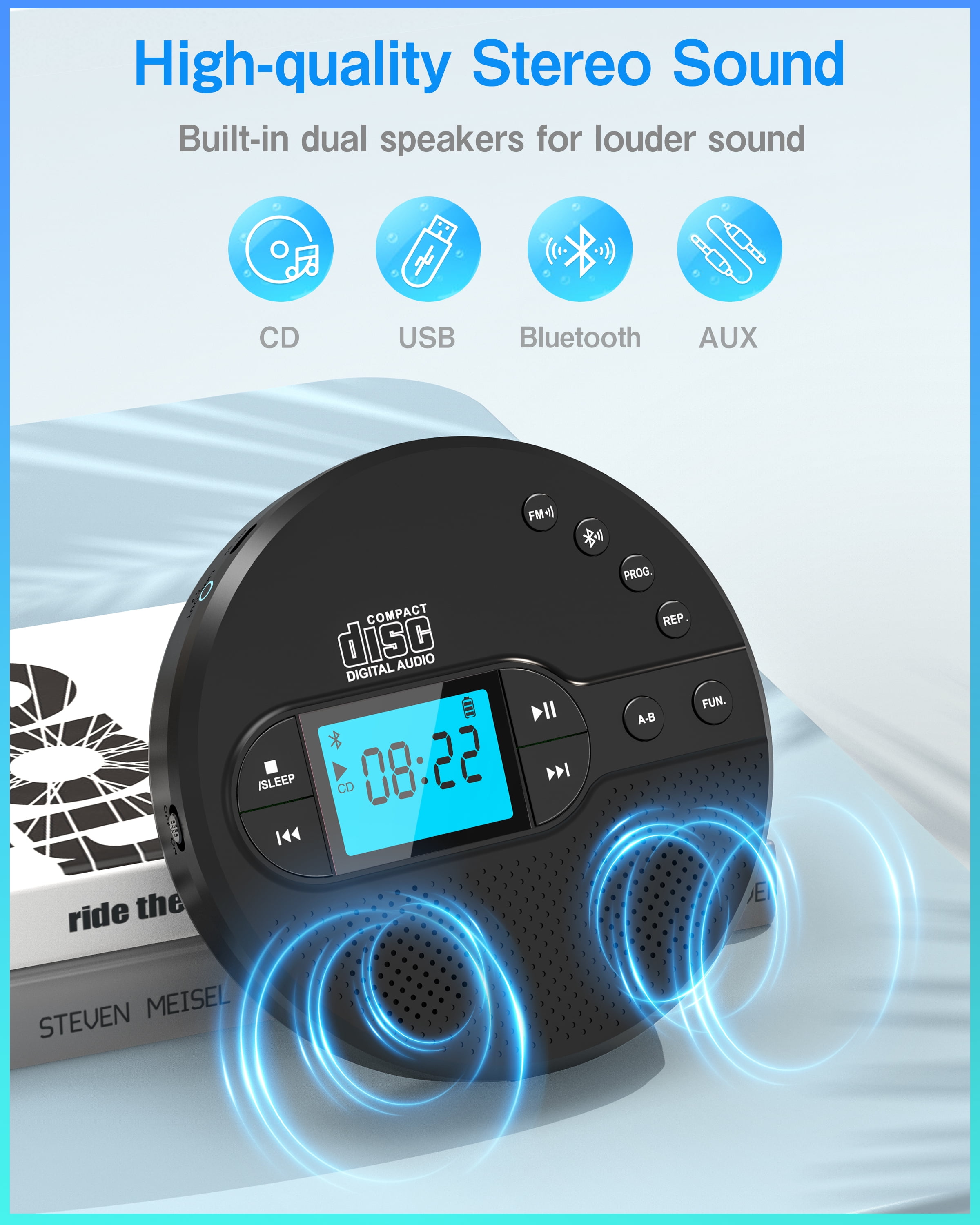 Greadio Portable CD Player with Bluetooth 5.1, Rechargeable Discman for Car and Home (Black) 05g2x - Image 3