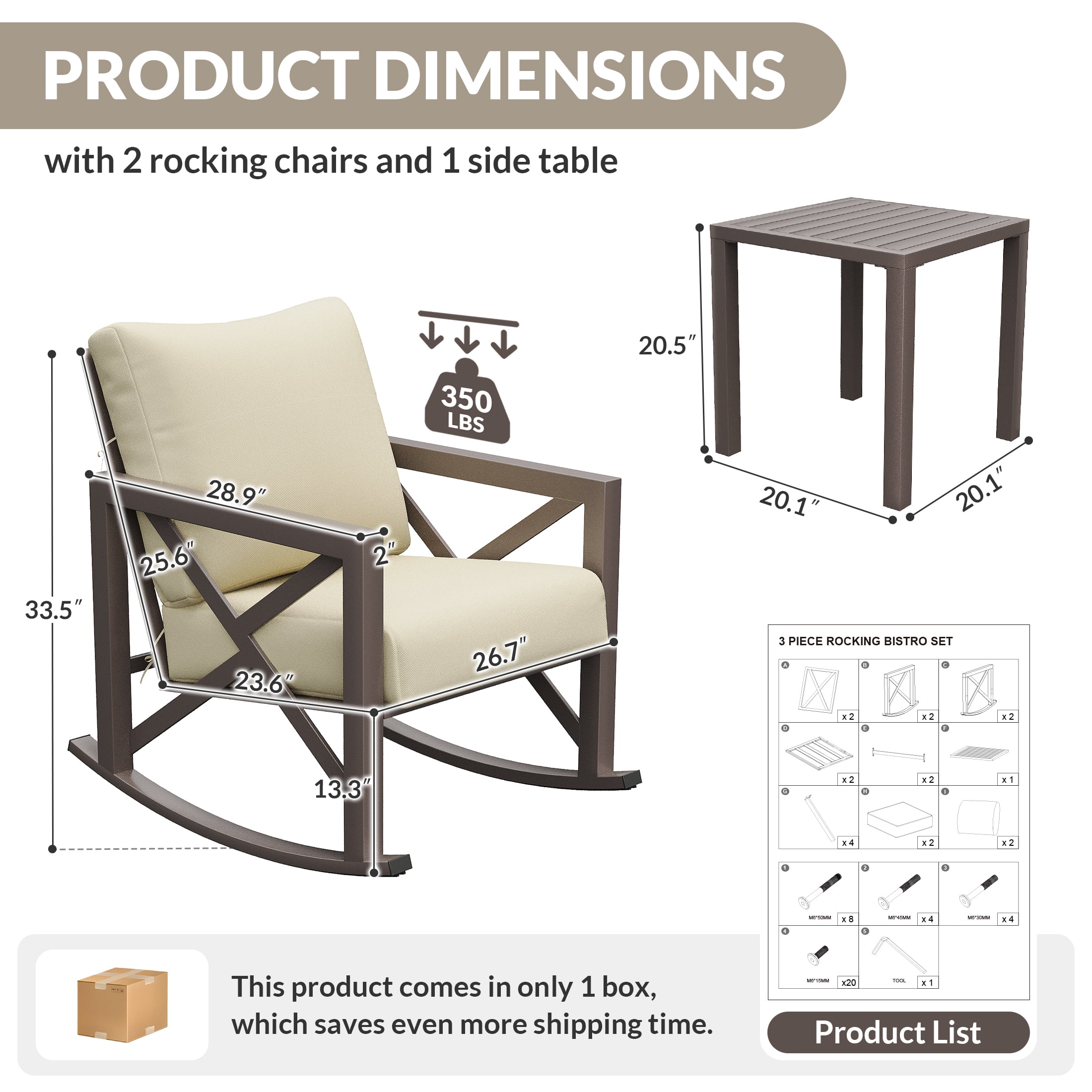 UDPATIO 3-Piece Metal Patio Bistro Rocker Set, Heavy-Duty Outdoor Furniture with Thick Cushions (Beige, 3-Piece Set) r0c1x