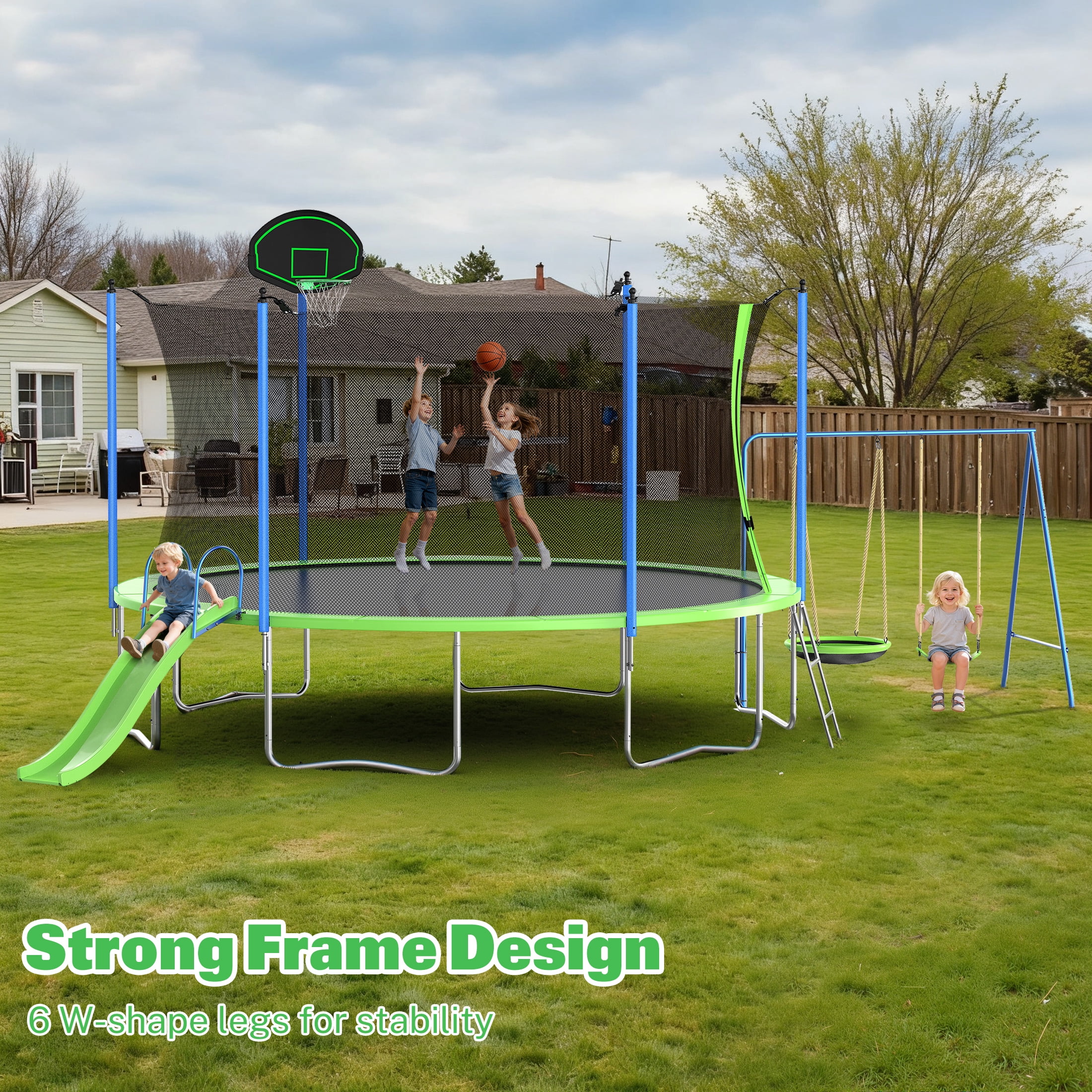 Segmart 12 ft Recreational Trampoline with Slide, Swing, Basketball Hoop, and Safety Net (Green, 12 ft) 7yjpy