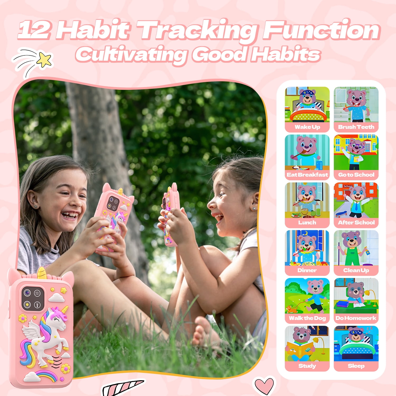 JoyStone Kids Smart Phone, 2.8 in Touchscreen Learning Toy with Dual Camera and Music Player (Pink, 8GB) 12ef4