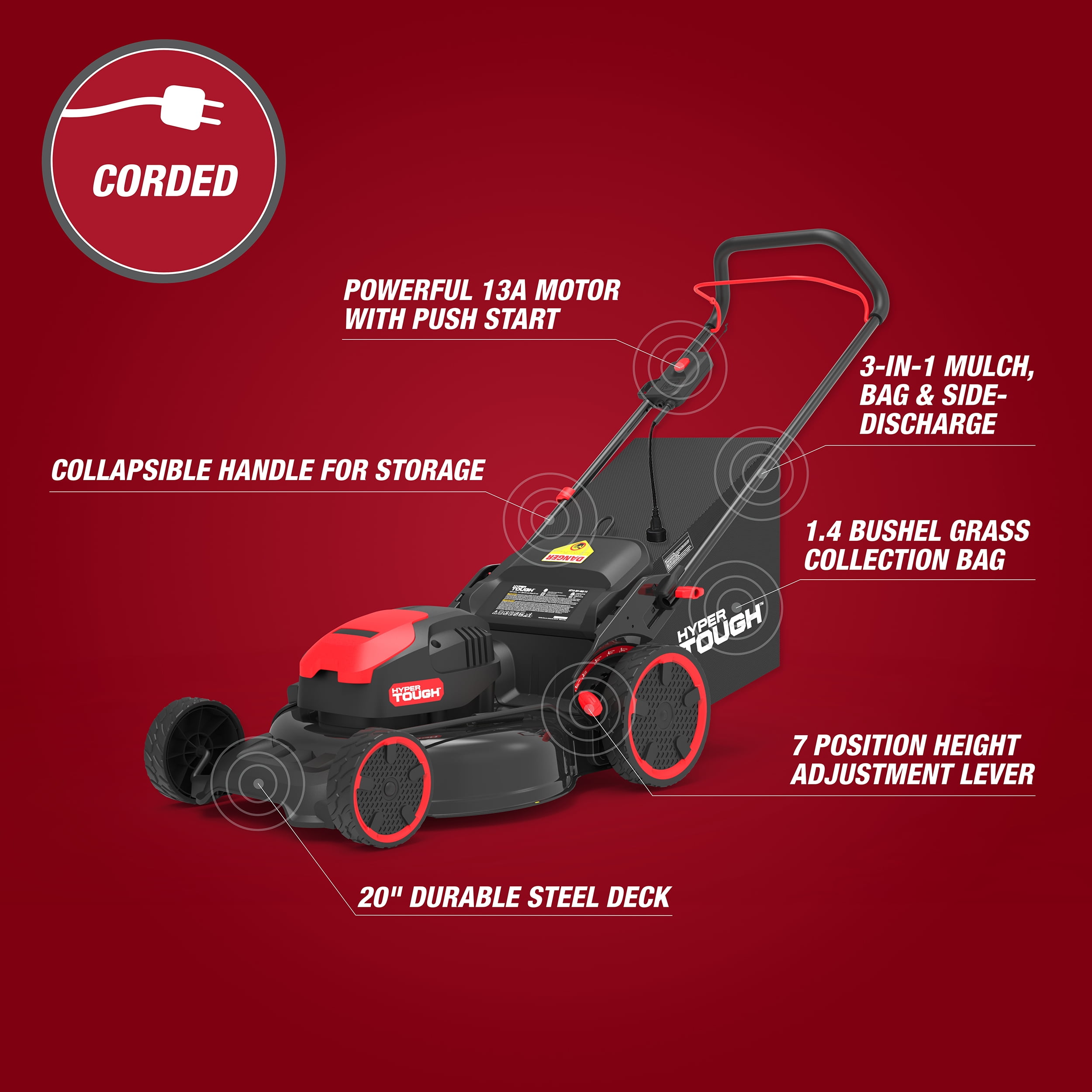 Hyper Tough 20 in 13A Corded Electric Walk-Behind Lawn Mower (Black, 20 in) h3u5y