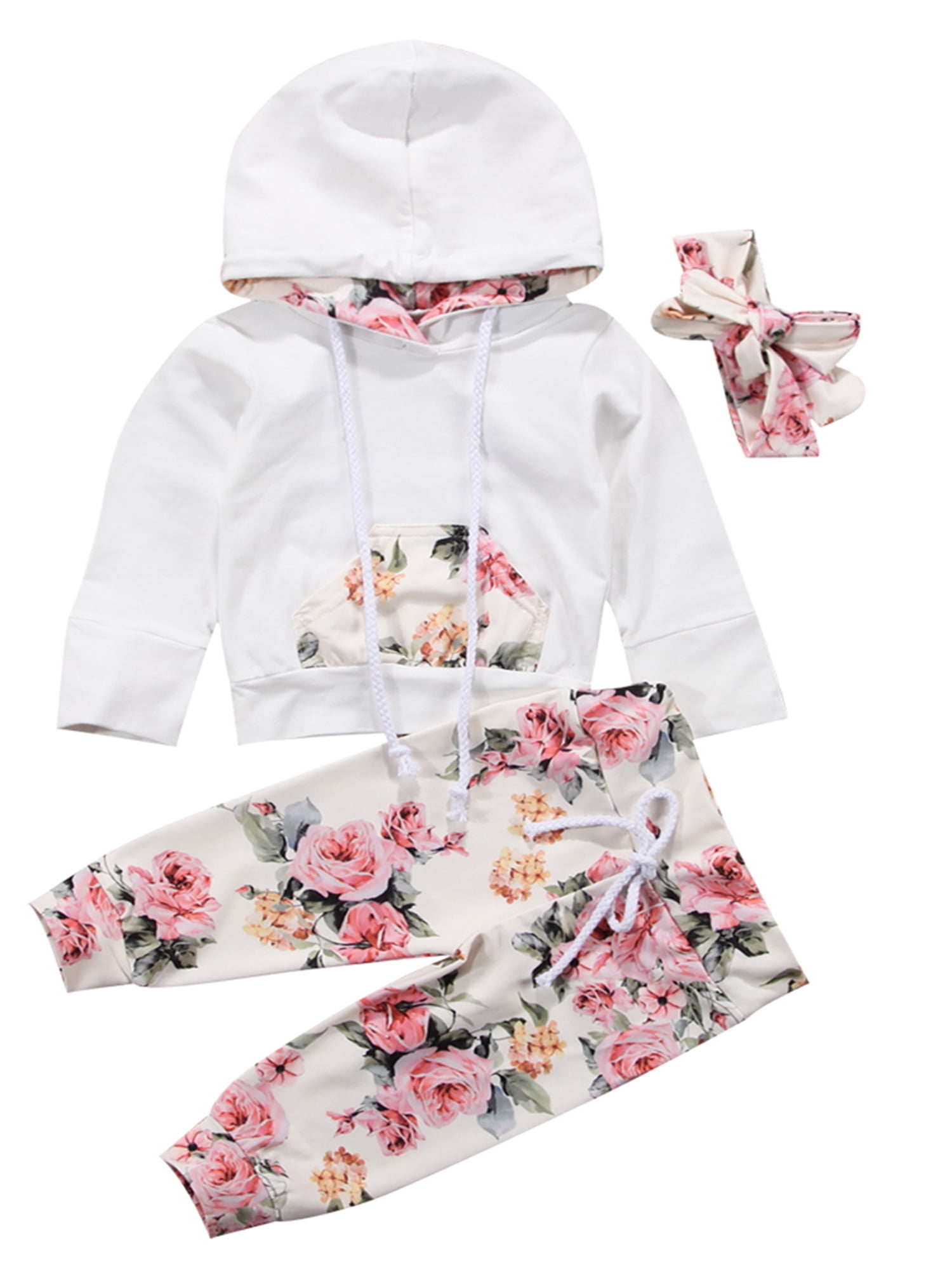 Bilo Store Infant Baby Girl Floral Pattern Long Sleeve Hoodie and Pants 3-Piece Cotton Outfit Set (White, 3-6 Months) kwilt