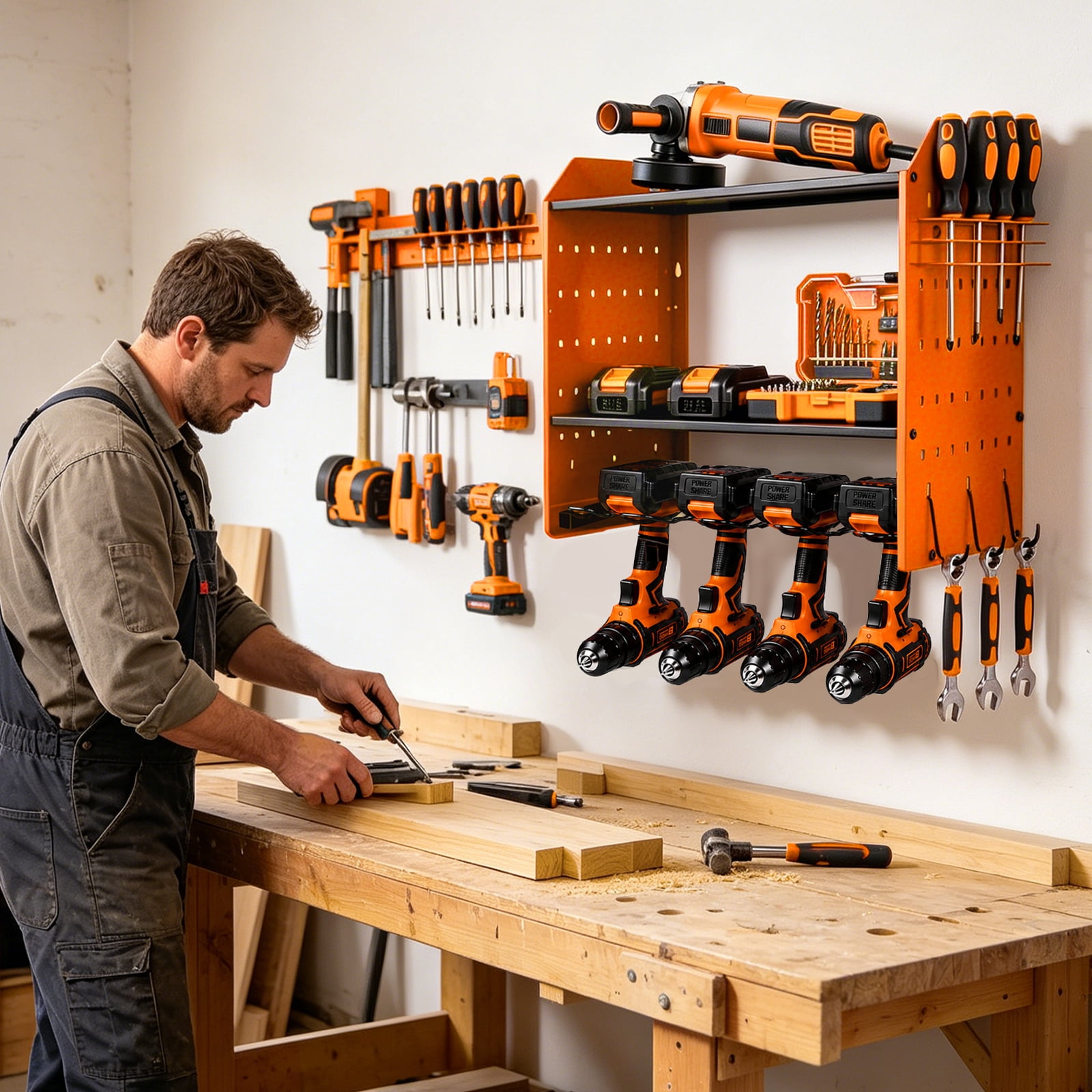 Loonpon Power Tool Organizer Wall Mount, 4-Layer Heavy Duty Drill Storage Shelf with Hooks (Orange, 16.4 in x 8.7 in x 18.9 in) ukydt