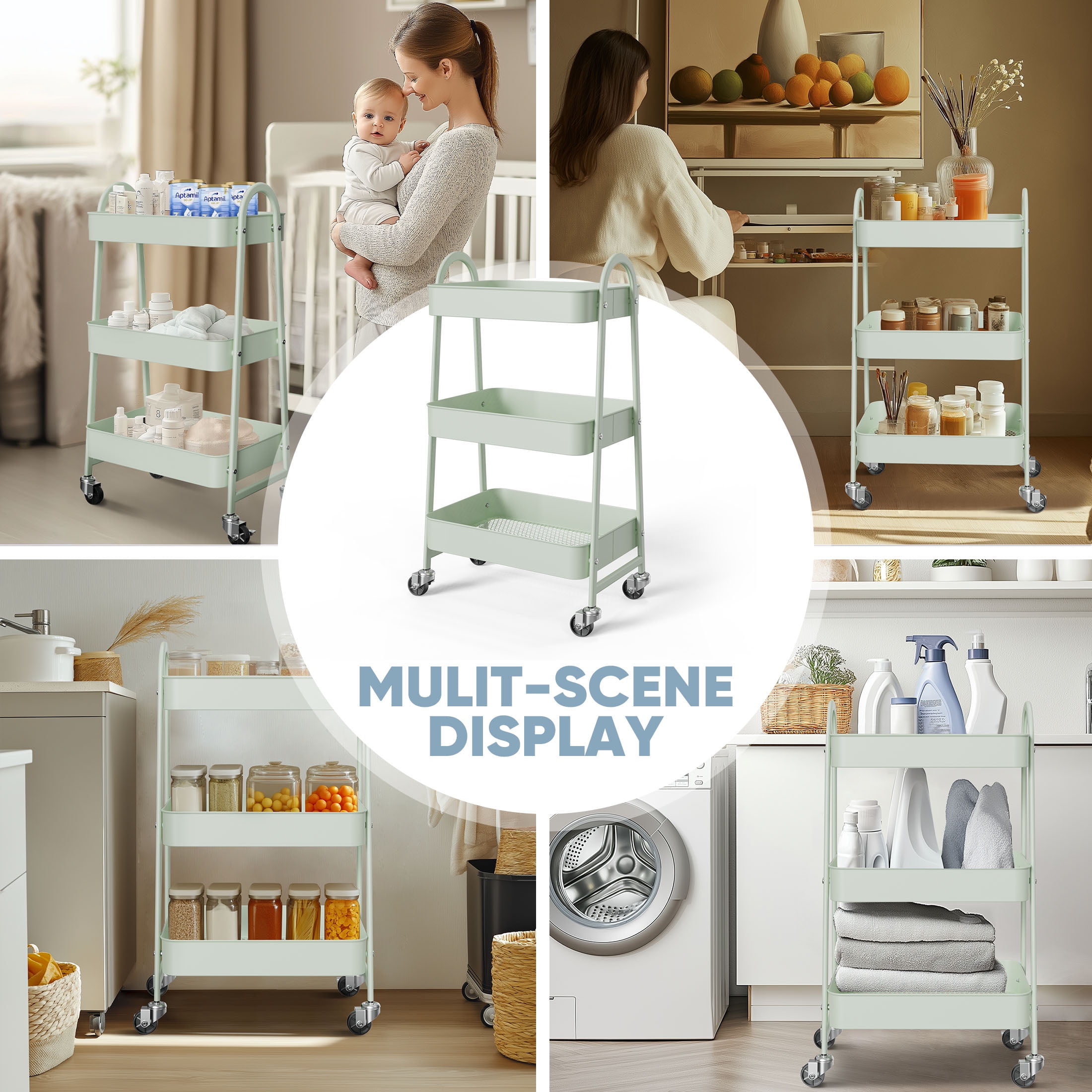 edx 3 Tier Rolling Utility Storage Cart, Heavy-Duty Metal Organizer with Lockable Wheels (Green, 15.83 in x 12.04 in x 31 in) ltwe8