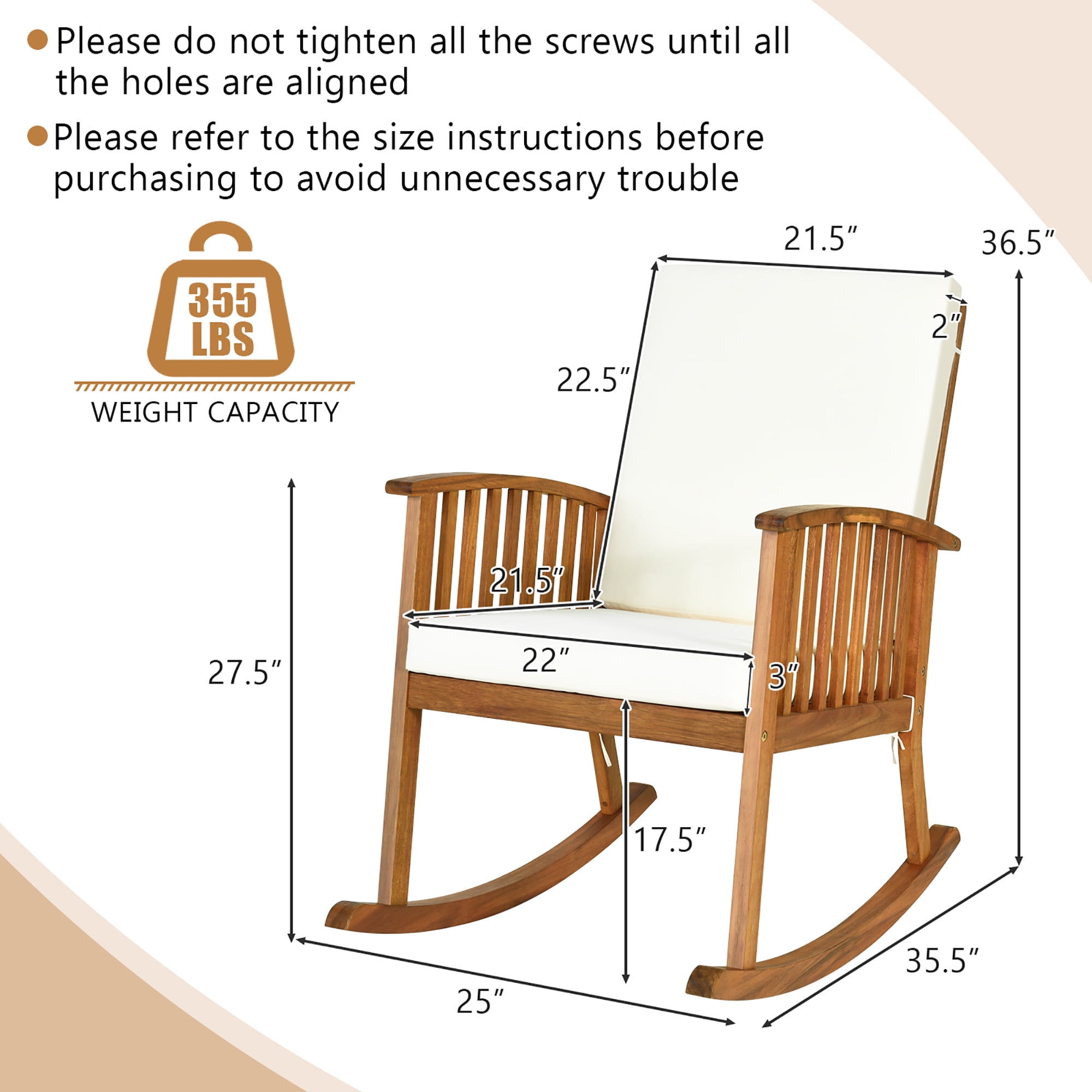 Gymax Patio Wooden Rocking Chair with Armrest Cushion (Brown, 35.5 in x 25 in x 36.5 in) gwno6