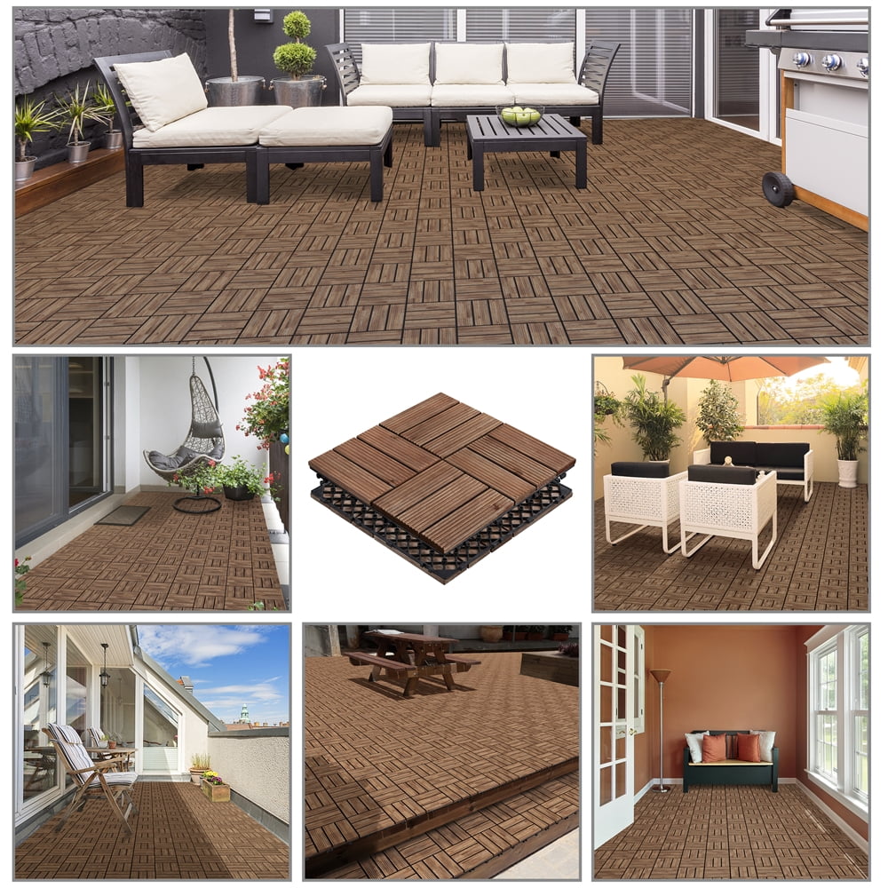 Alden Design Interlocking Wood Flooring Tiles for Deck and Patio (Brown, 27 Pack, 12 in x 12 in) cvj6a