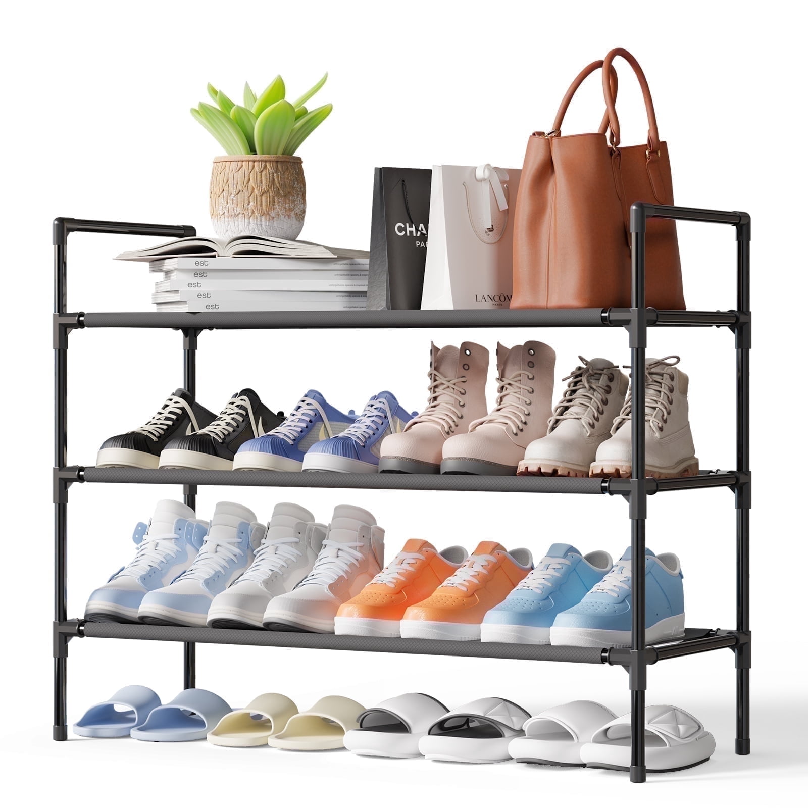 Sakugi 3-Tier Shoe Rack, Heavy-Duty Shoe Organizer, Space-Saving Entryway Storage Shelf (Black, 28 in) zz7oq