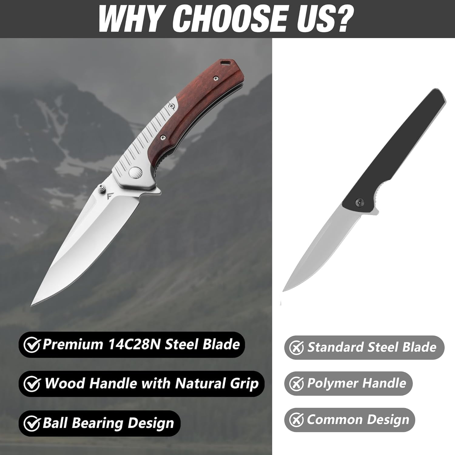FLISSA Folding Pocket Knife, 14C28N Steel Blade with Wood Handle, EDC Camping Tool (Brown, 3.35 in Blade) ytvyy