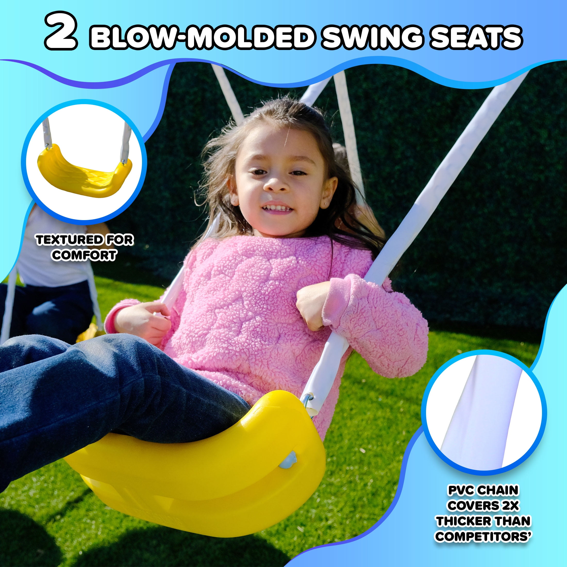 Sportspower Super Saucer Metal Swing Set with 2 Swings, 2-Person Saucer Swing, and 5 ft Slide (Blue, 12.2 ft L x 6 ft W x 5.9 ft H) xh31n