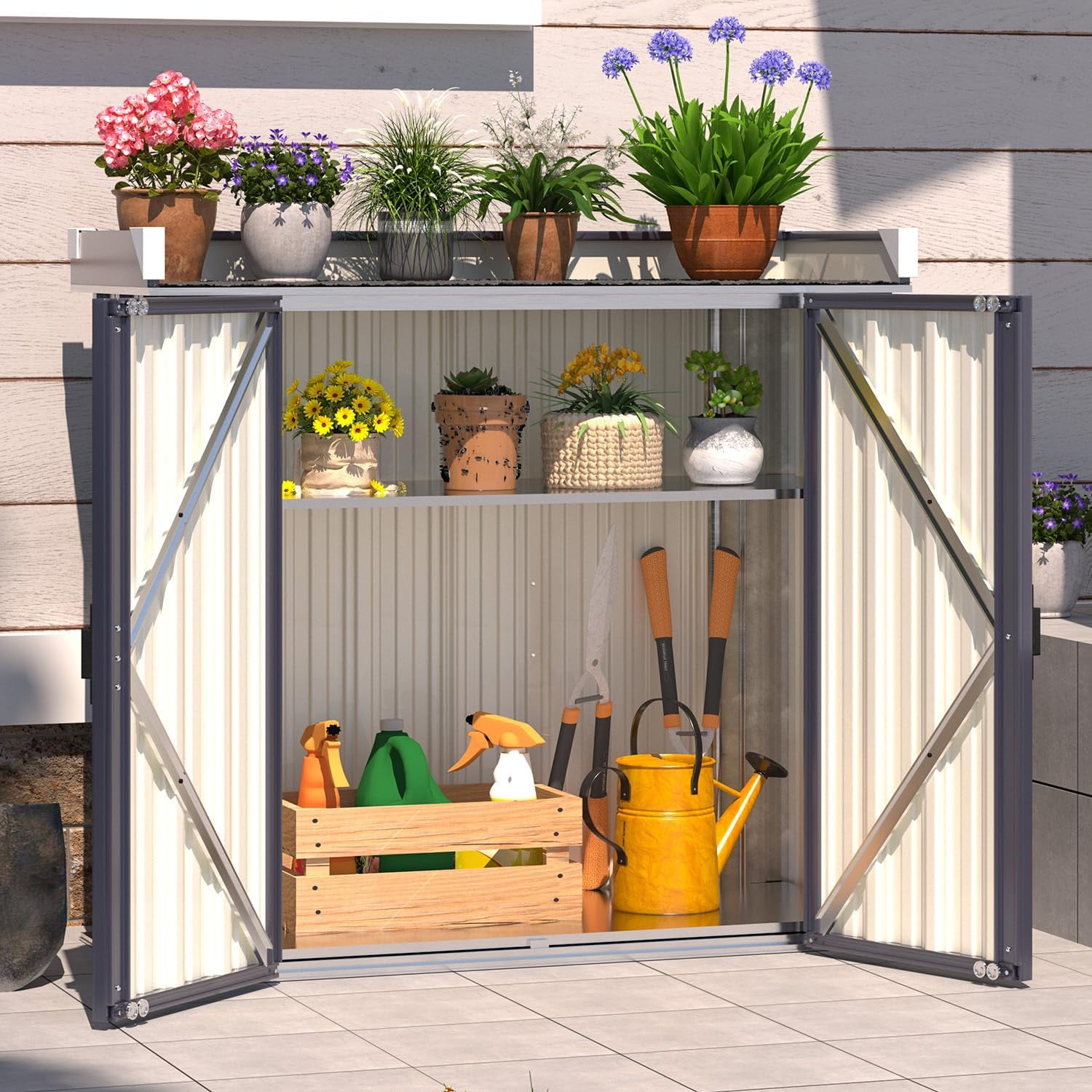 YODOLLA Metal Outdoor Storage Cabinet and Potting Bench with Adjustable Shelves (Gray, 48 in x 20 in x 36 in) 1v6lj
