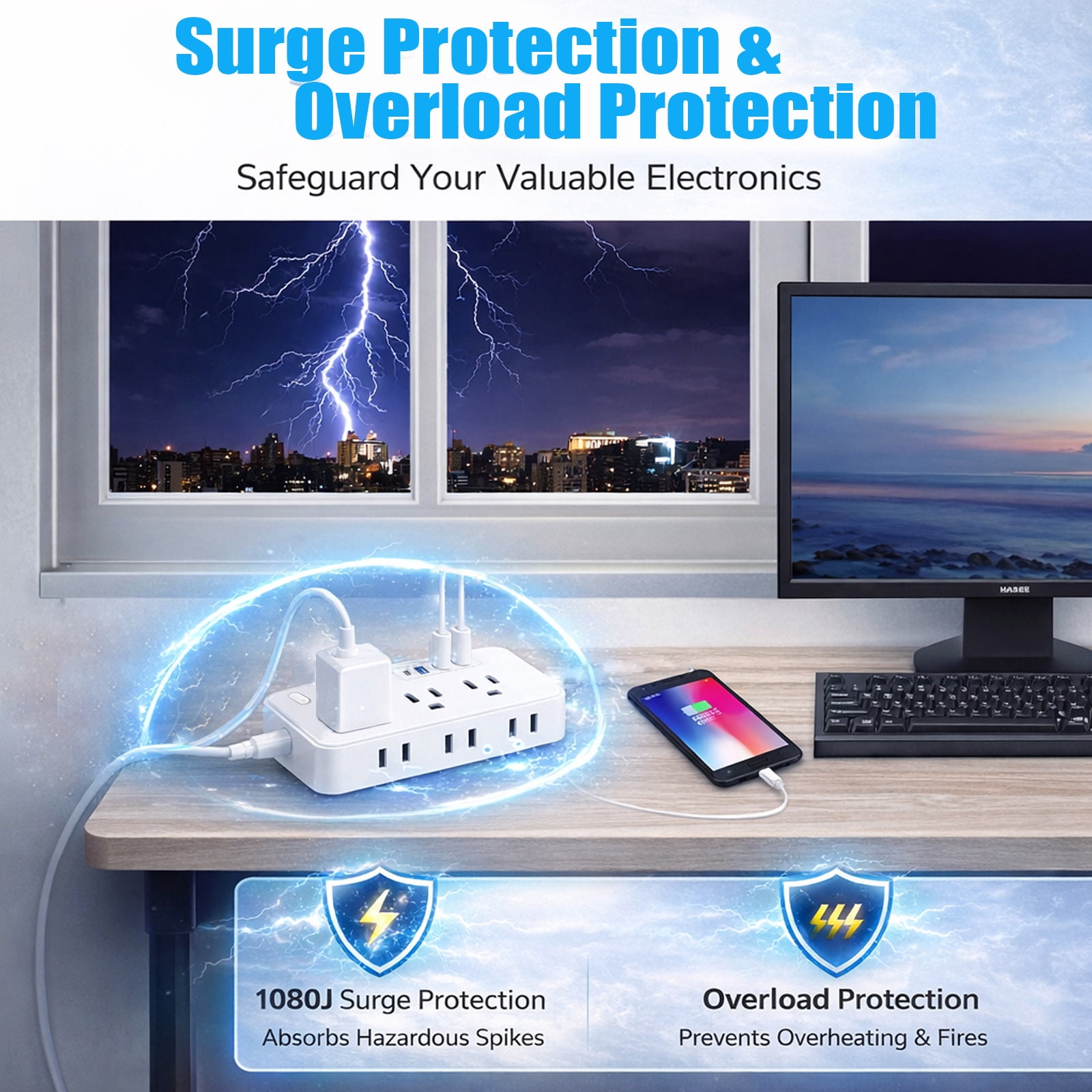 BOHASHIN Power Strip Extension Cord with 6 Widely Spaced Outlets and 4 USB Charging Ports (White, 15 ft) gtuph