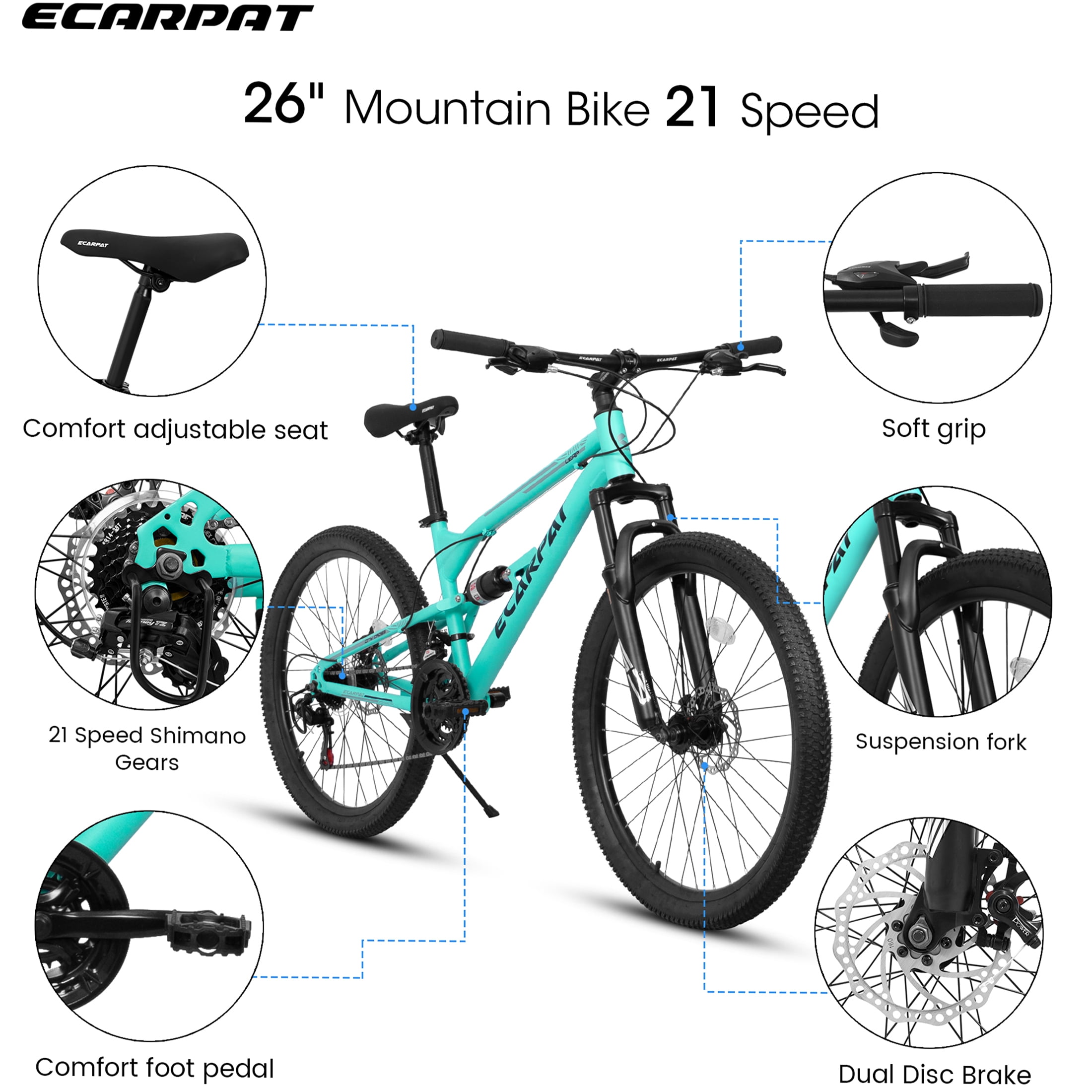 JERFIT 26 Inch Mountain Bike, 21-Speed All-Terrain Bicycle with Dual Suspension and Disc Brakes (Blue, 26 in) mt9mc