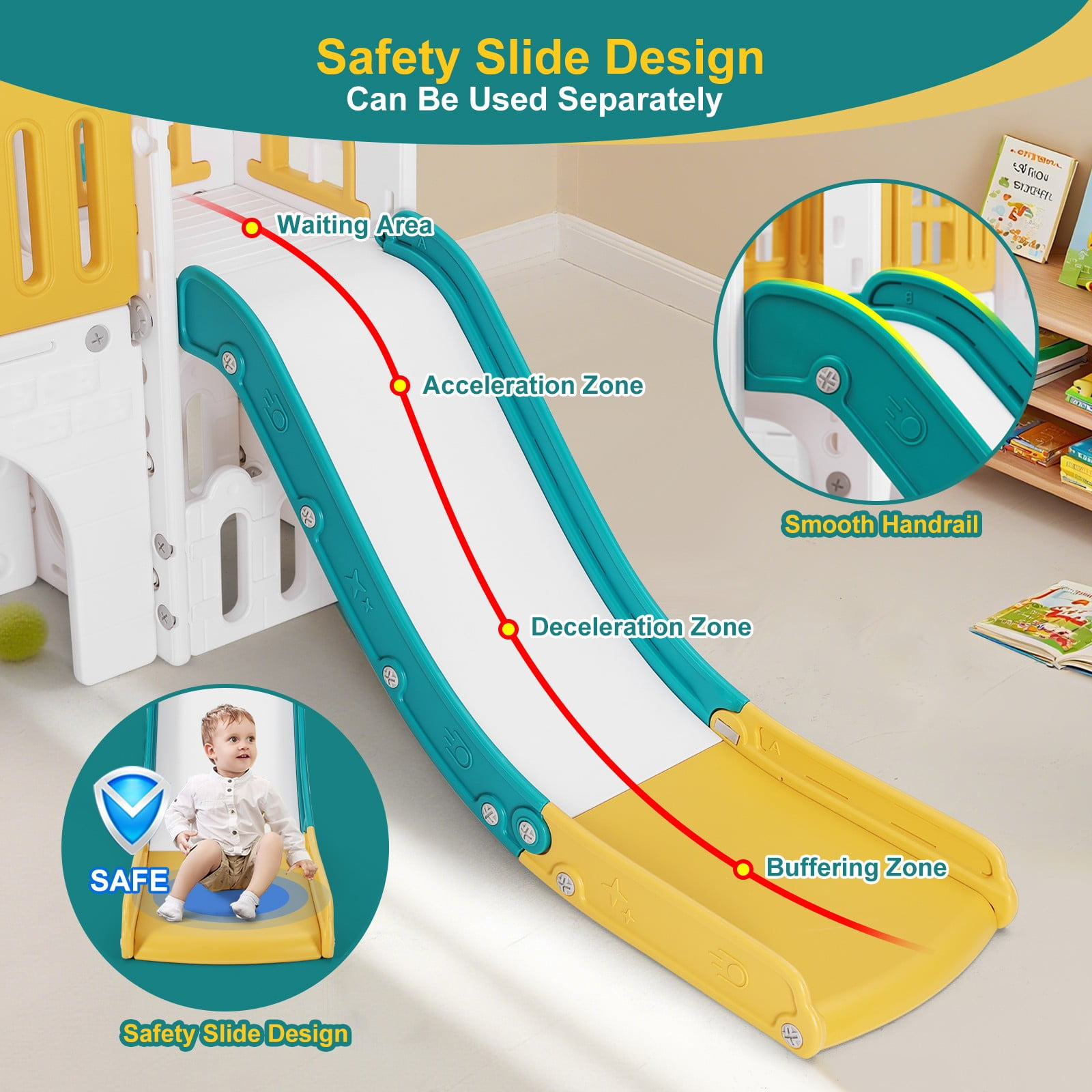 Joyldias 9-in-1 Toddler Slide and Playhouse Playset with Basketball Hoop and Climbing Ladder (Green, Yellow, White) k0fc2