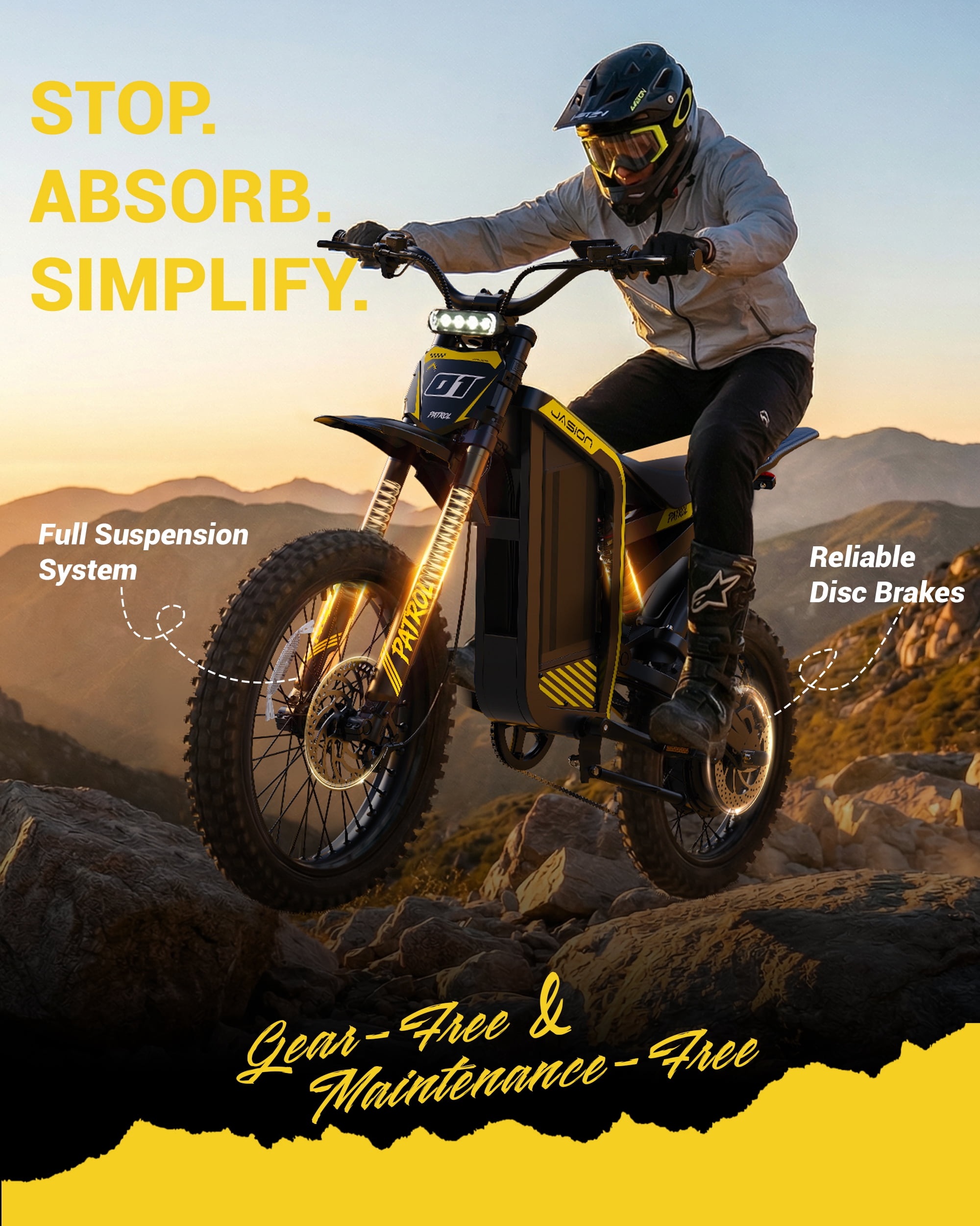 Jasion Patrol Electric Dirt Bike for Adults, 4000W Peak Motor, 52V 30Ah Battery, Fat Tire Off-Road E-Motorcycle (Yellow, 19 in/17 in) 3r5vd