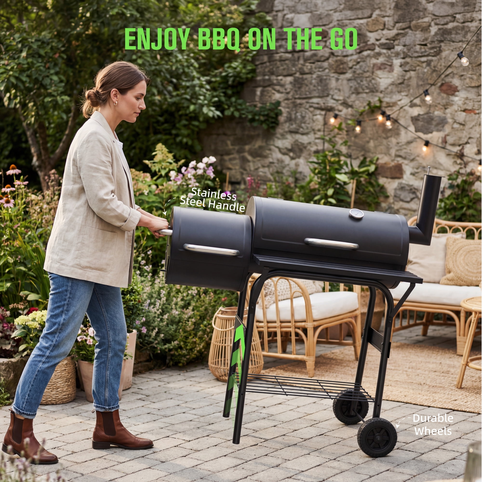 Vebreda Charcoal Grill with Offset Smoker, Heavy-Duty BBQ Barrel Grill for Outdoor Patio Cooking (Black, 44 in) ob4sj