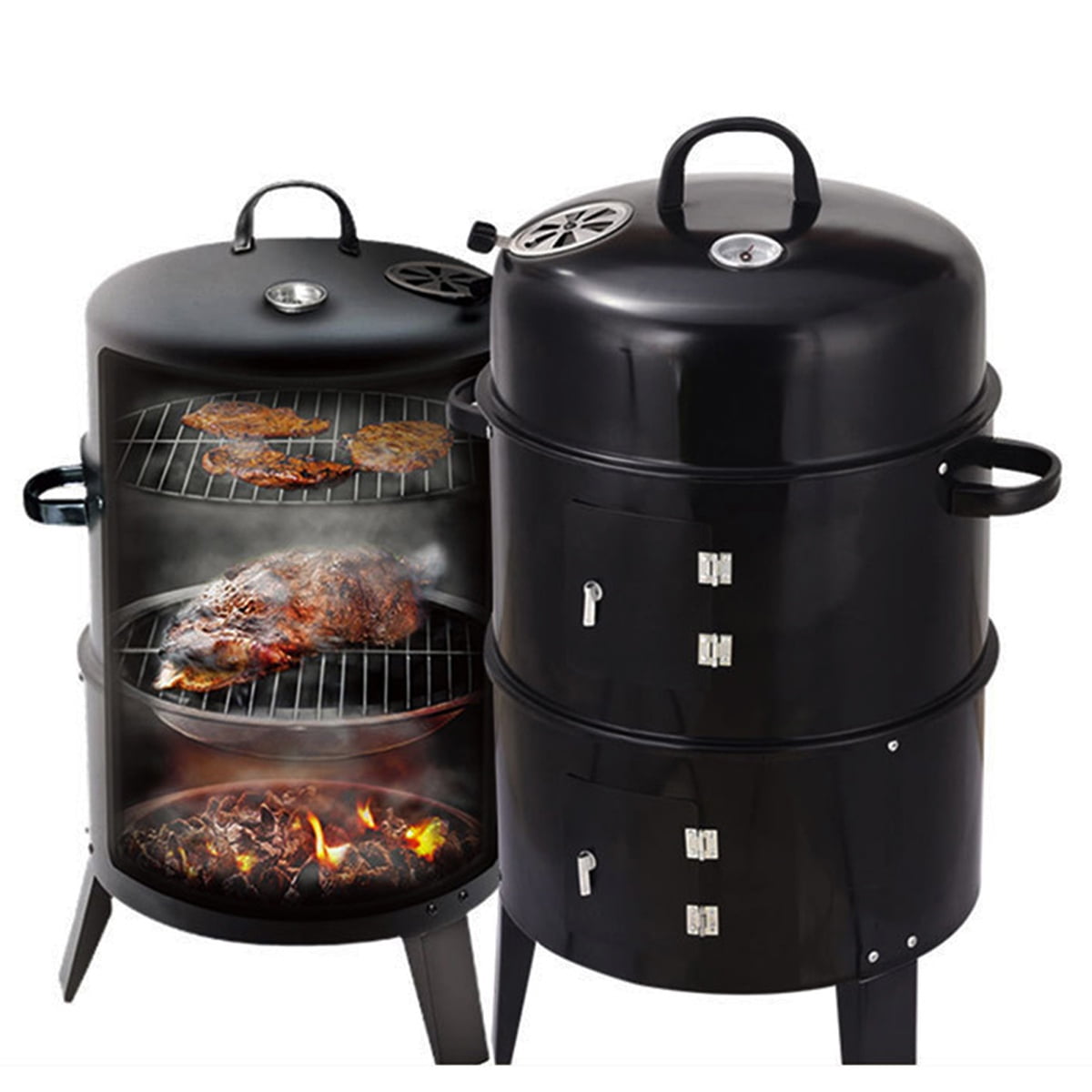 Seizeen 16 in 3-in-1 Charcoal Smoker and Grill, Portable Outdoor BBQ Fire Pit with Double-layer Design (Black, 16 in) ad42i