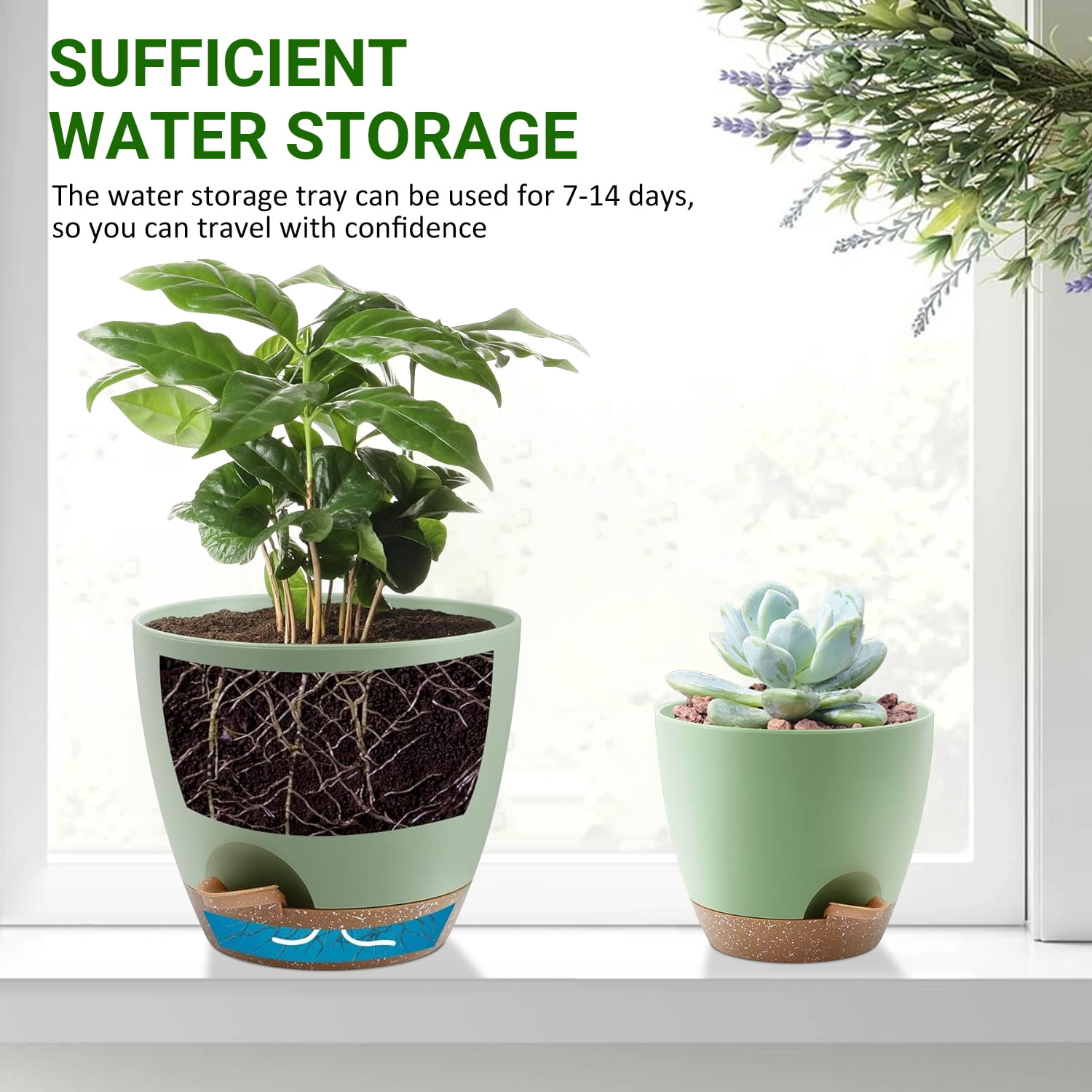 Foukus Self-Watering Plant Pots with Drainage, Eco-Friendly Indoor & Outdoor Planters for Succulents (Green, 5-Piece Set, 5 in to 7 in) nivg5