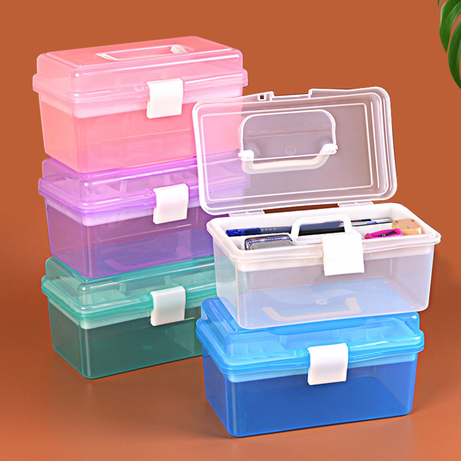 YDYB Multipurpose Plastic Storage Organizer with Removable Tray and Handle (Clear and Green, 7.1 in x 3.5 in x 4.1 in) 52shm