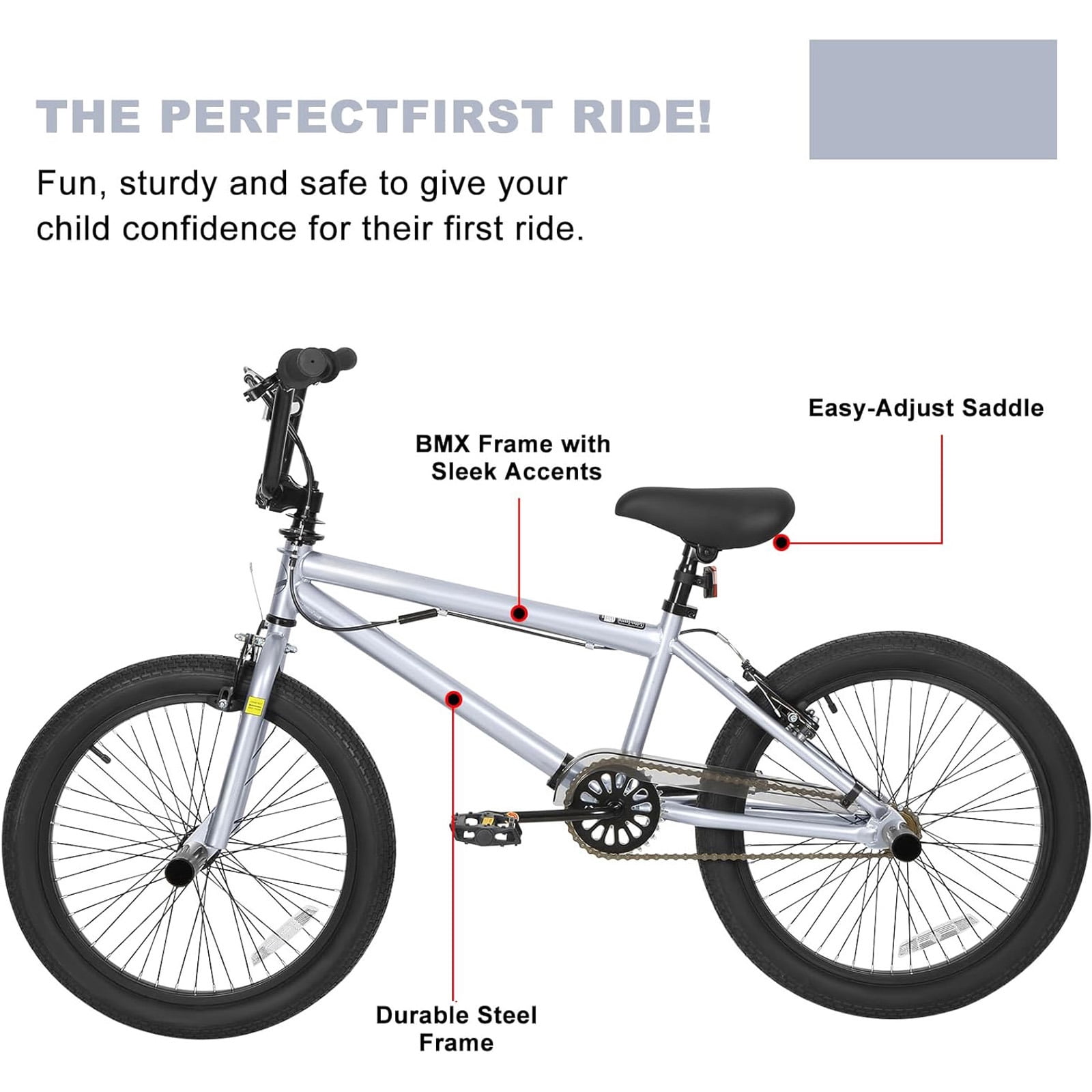 Hykolity 20 in BMX Freestyle Bike with 4 Pegs and V-Brakes (Silver, 20 in) be5vr