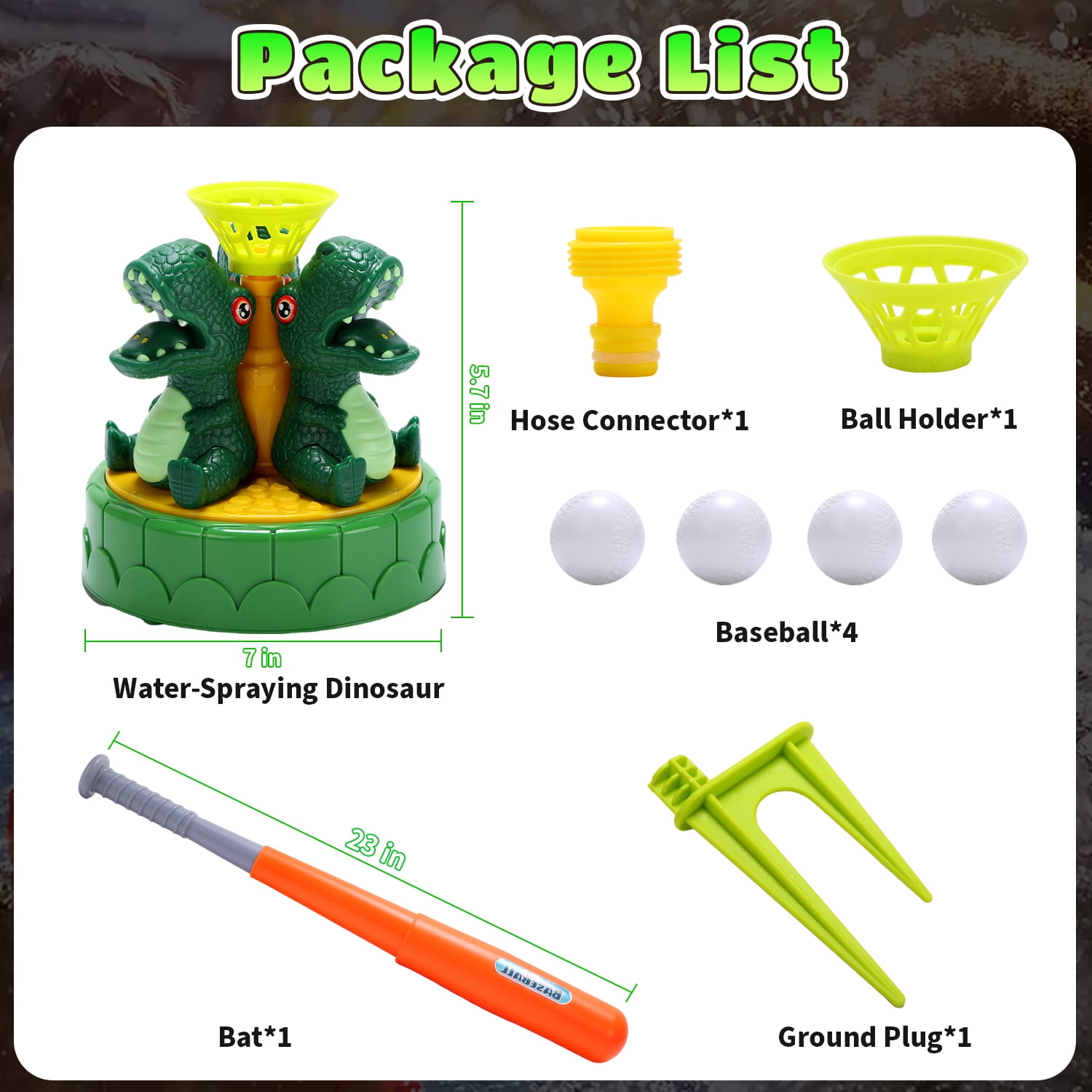 JoyStone 2-in-1 Dinosaur Water Sprinkler and Baseball Batting Game (Green, 1 Set) xrayq