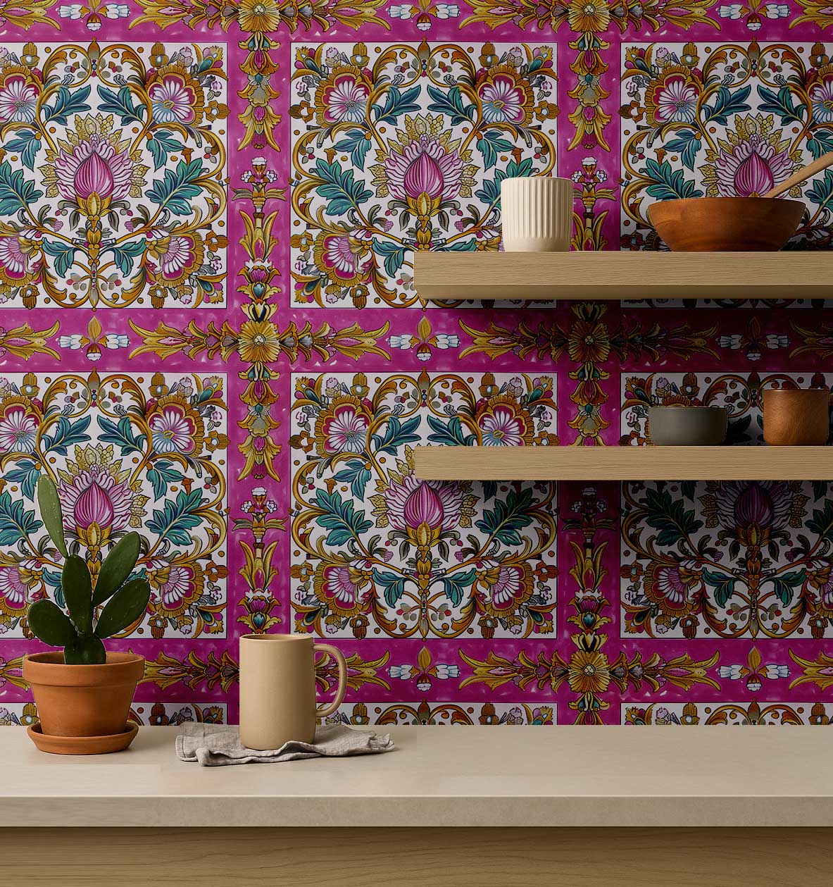S4Sassy Peel and Stick Wallpaper, Arabesque Tile Pattern Removable Vinyl Wall Covering for Kitchen and Entryway (Pink, 25 in x 120 in) invk4