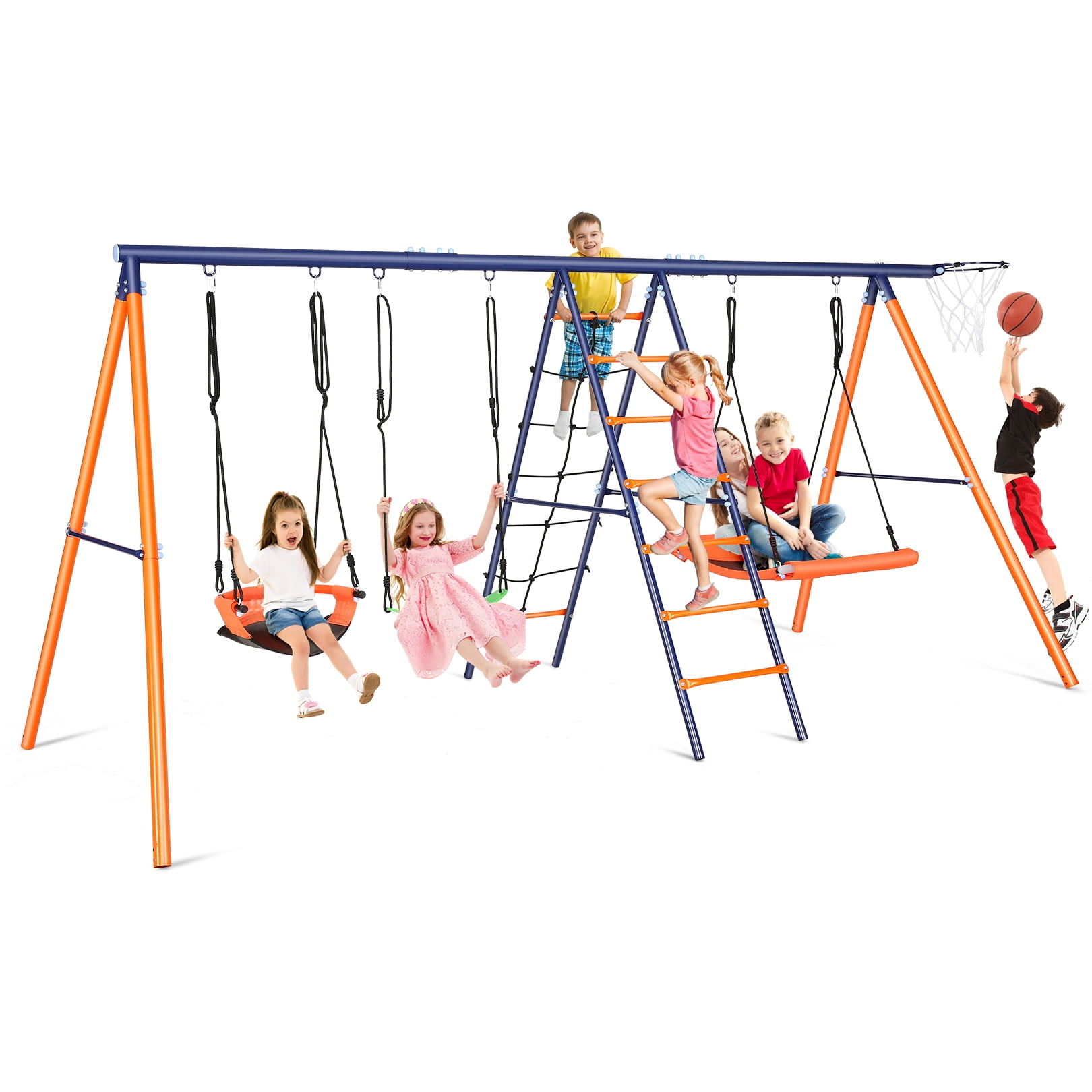 Veeboto 6-in-1 Outdoor Swing Set, Heavy-Duty Metal Playground with Basketball Hoop and Climbing Ladder (Orange, 71 in x 151.6 in x 72.8 in) gdgn6