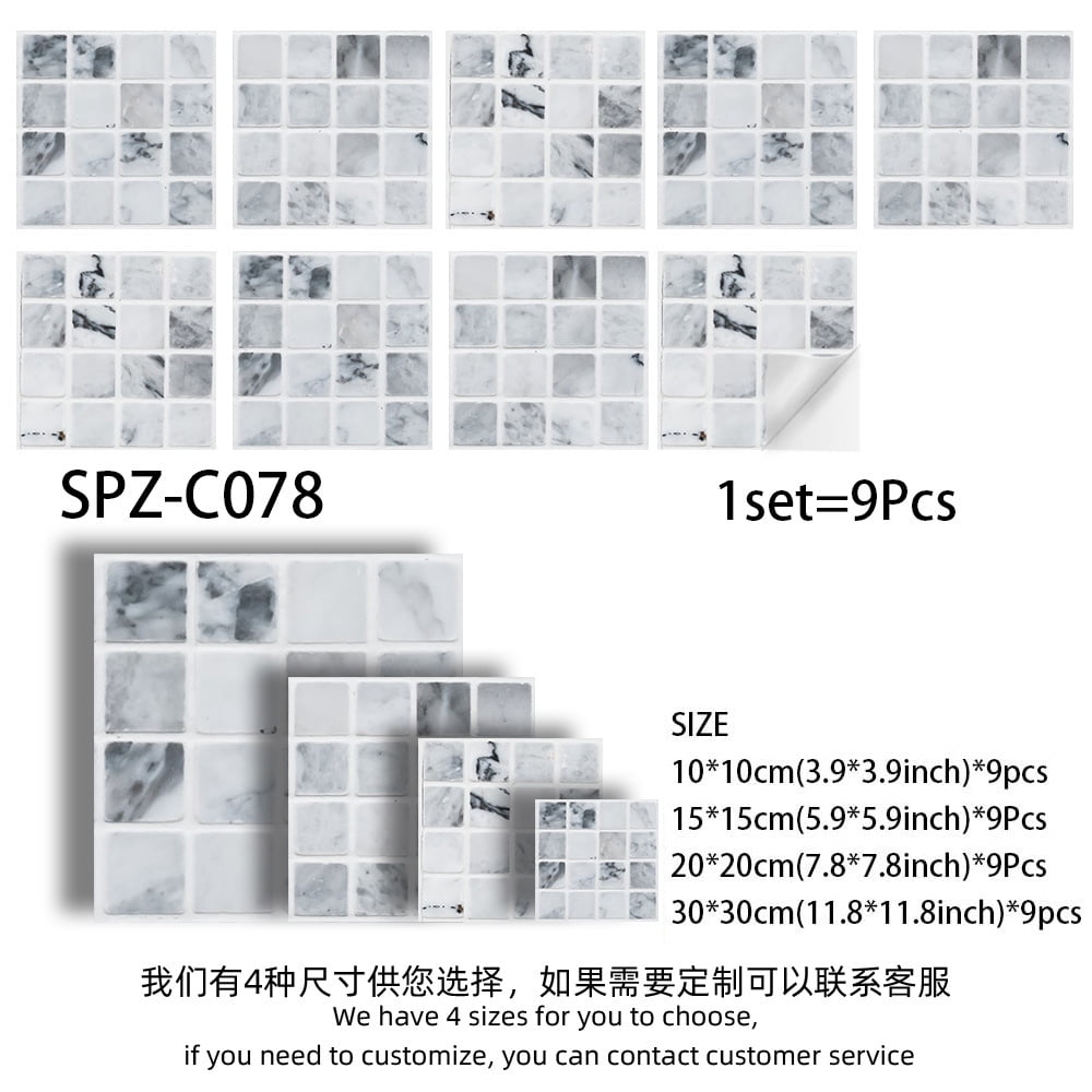 YiZeDaMS Peel and Stick Backsplash Tile Stickers, Waterproof Vinyl Wall Decals for Kitchen and Bathroom (Marble, 12 x 12 in, 9-Piece Set) 4uer7