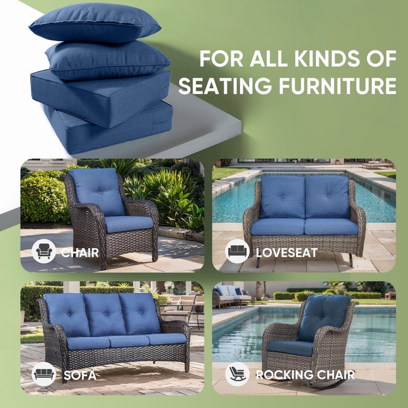 Bellefurn Luxury Outdoor Deep Seat Cushion Set, Waterproof & Fade Resistant Patio Furniture Cushion for Wicker Chairs and Sofas (Blue, 22 in x 24 in x 6 in) 4spxu
