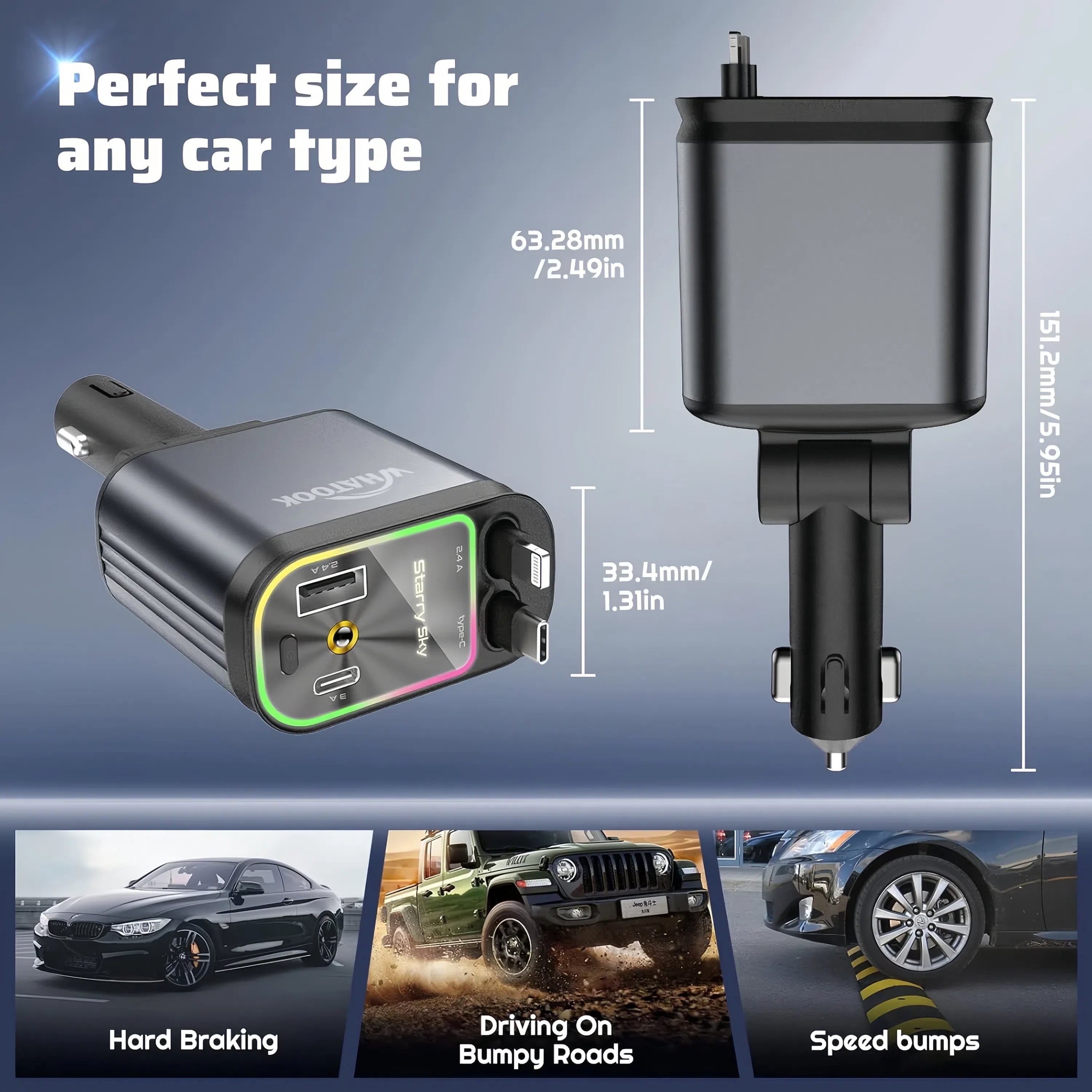 Teblint 4-in-1 Retractable Car Charger, 66W Fast Charging Adapter with Starlight Projection (Grey, 31.5 in) npbvk