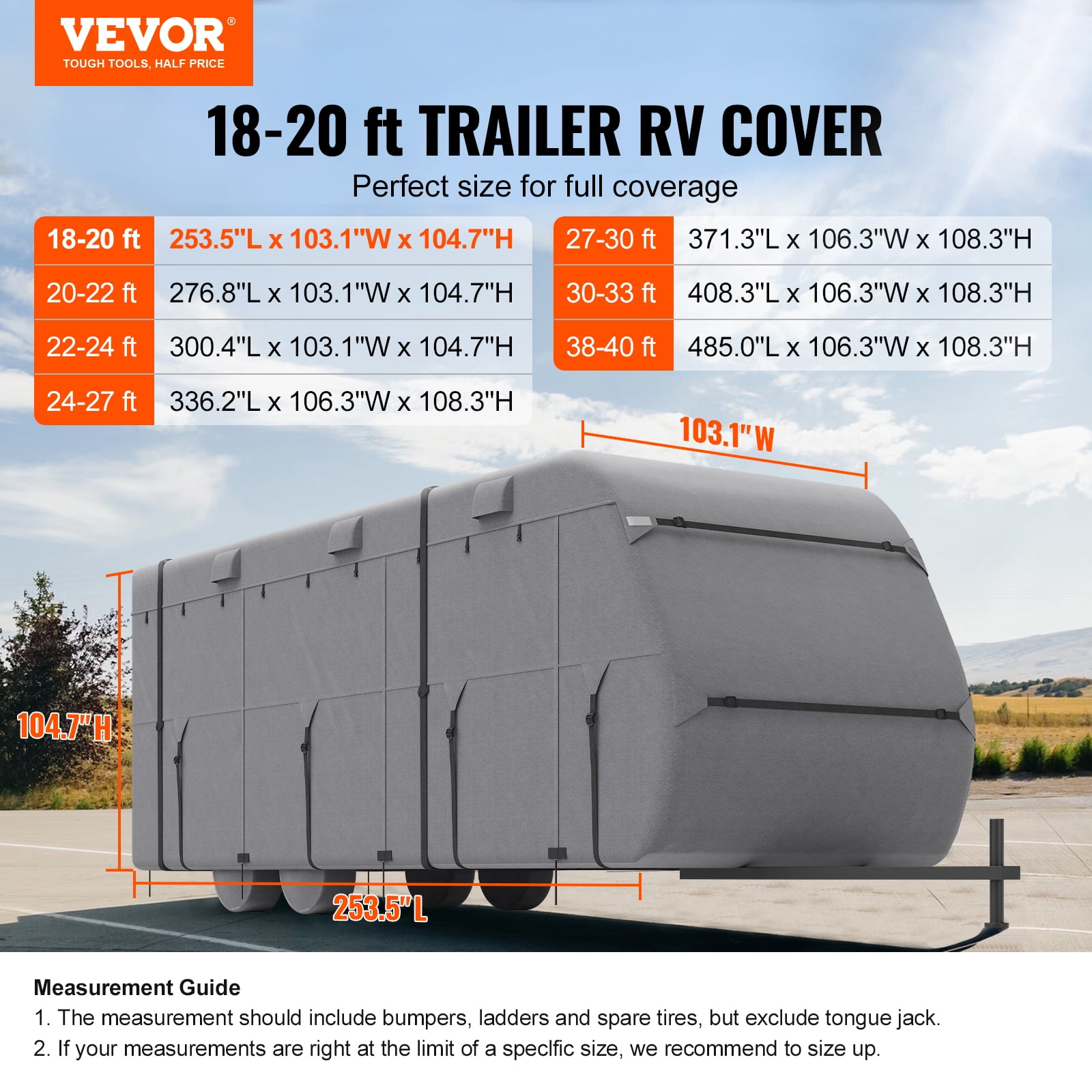 VEVOR Travel Trailer Cover (18-20 ft, Grey) Waterproof 4-Layer RV Camper Protector with Tire Covers and Storage Bag uwc3b