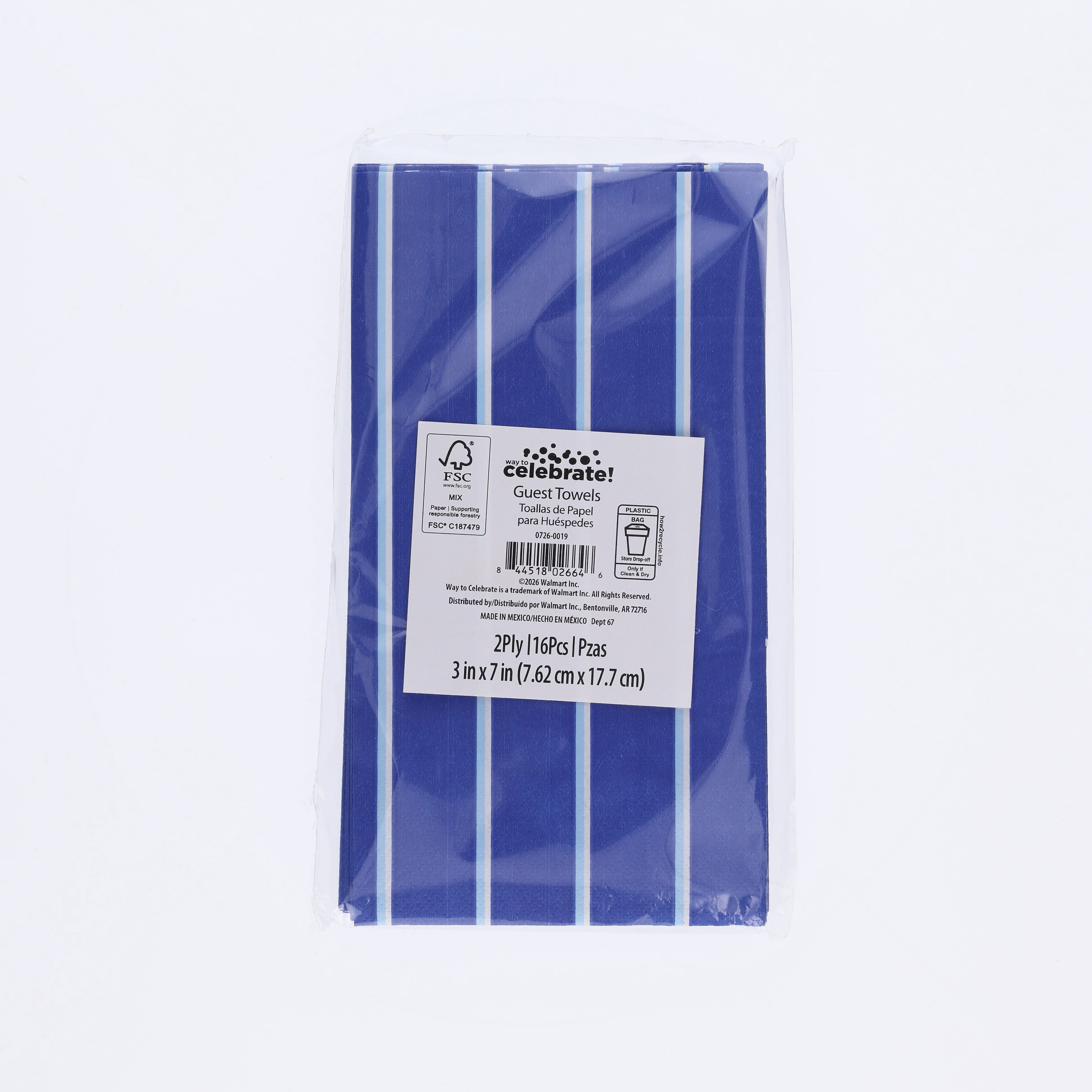 Way To Celebrate Disposable Paper Napkins, Classic Blue Striped Design for Parties (Blue, 16 Count, 3 in x 7 in) p0nru