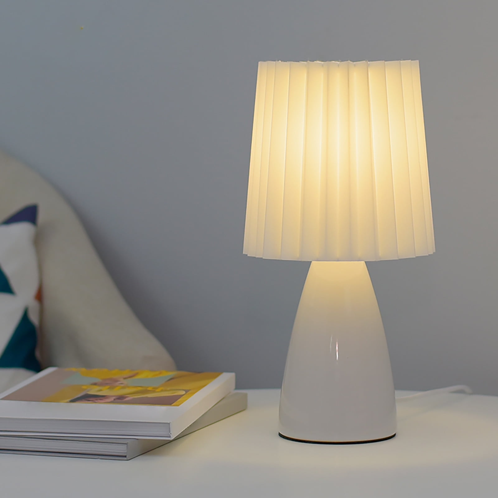 TIHLMK Pleated Table Lamp, Boho Decorative Nightstand Desk Lamp with 3-Level Dimming (White, 12 in) qp4vd