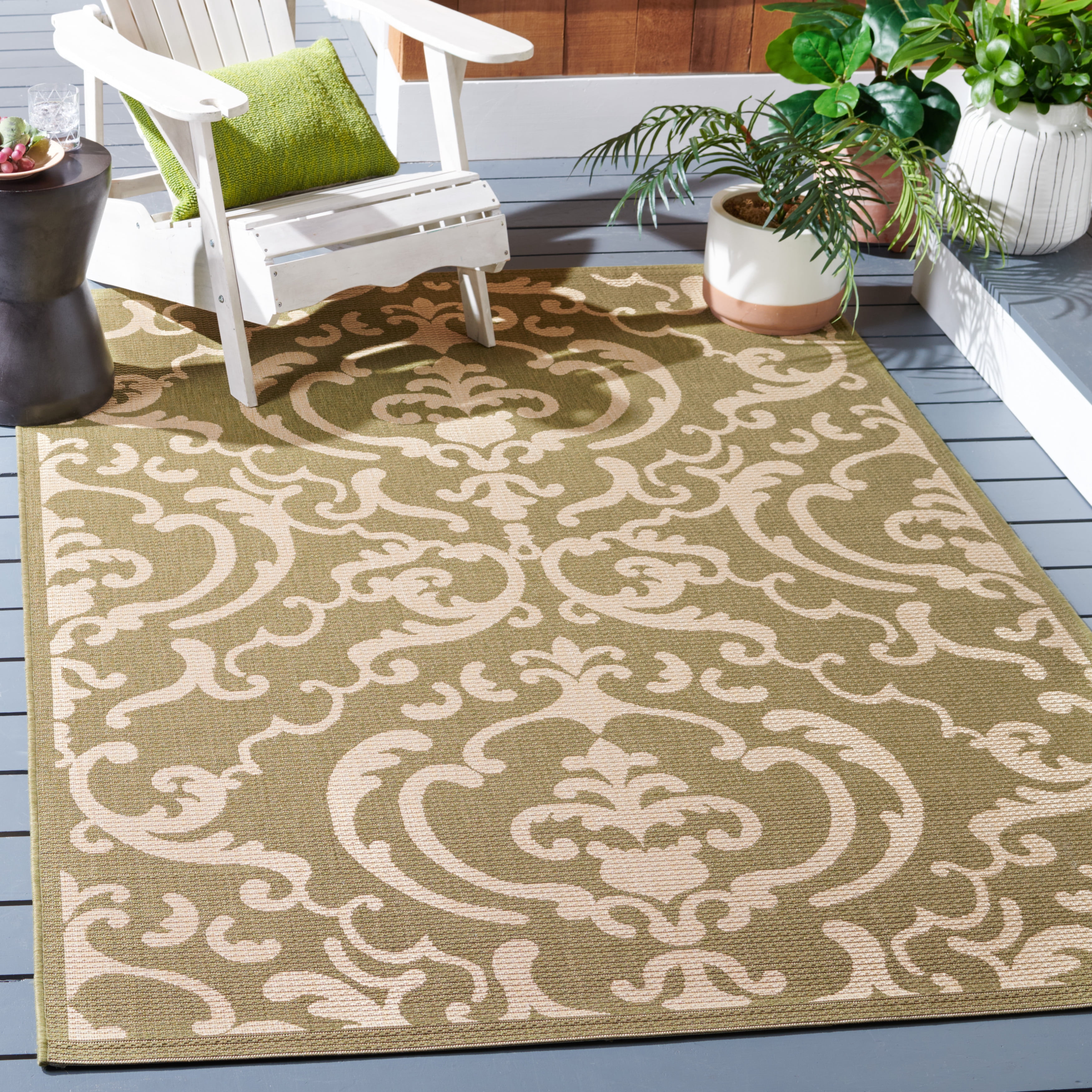Safavieh Courtyard Dara Damask Indoor/Outdoor Area Rug (Olive/Natural, 5 ft 3 in x 7 ft 7 in) dd81q