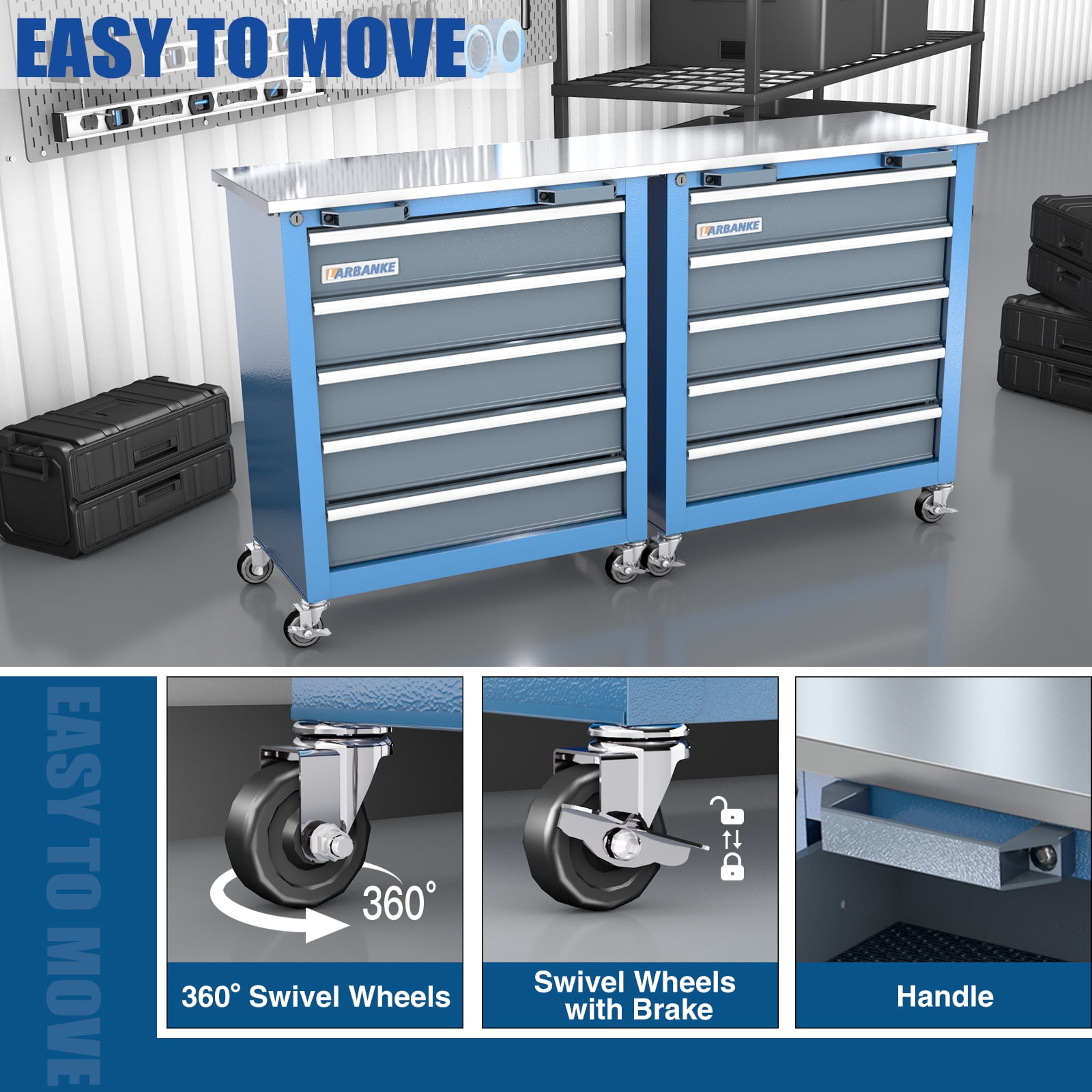 LARBANKE Rolling Tool Chest 5-Drawer Cabinet with Stainless Steel Top (Blue, 26 in x 13.5 in x 29 in) zks2v